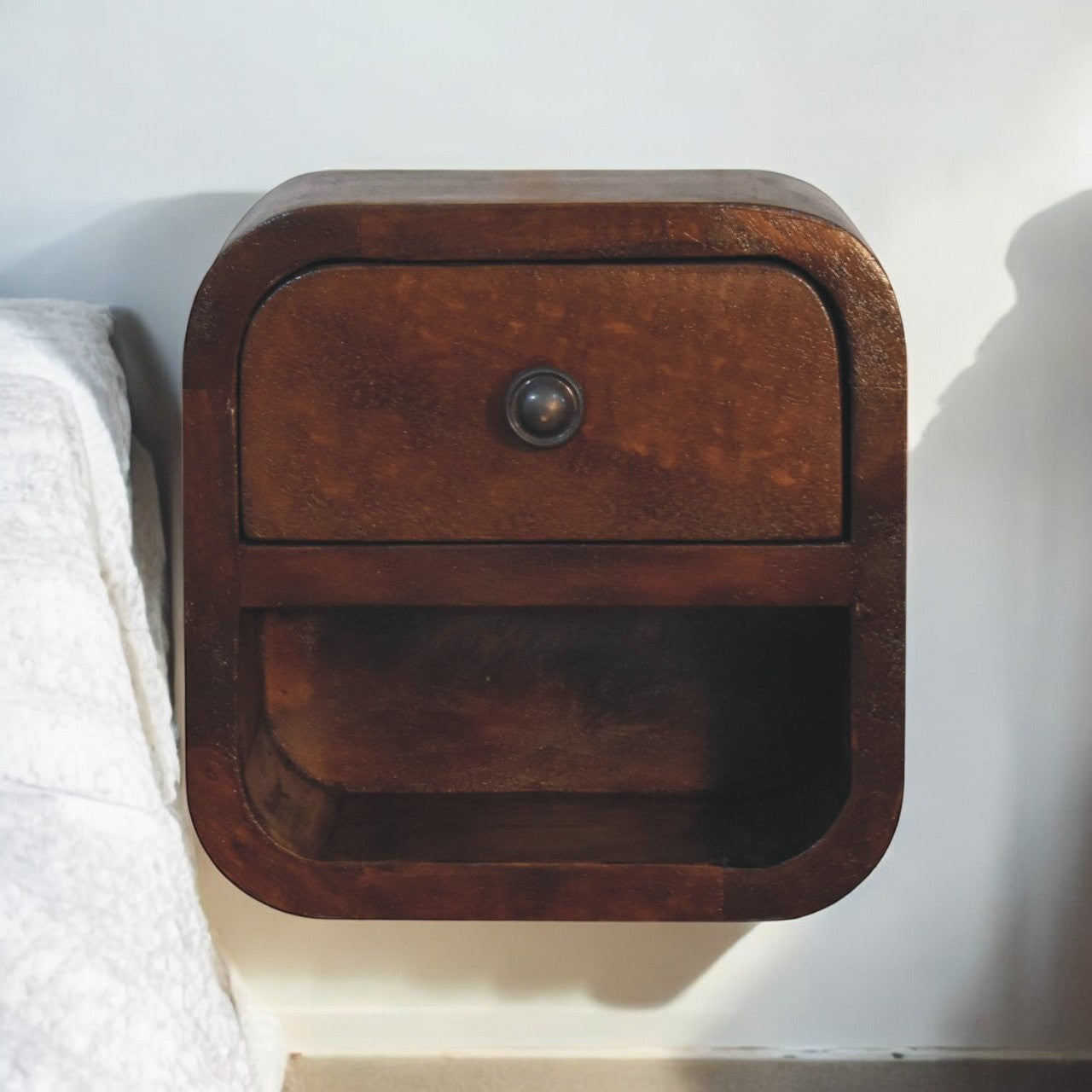 Solid Wood Extra Mini Curved Bedside, 1 Drawer and Open Shelf, Dark Brown