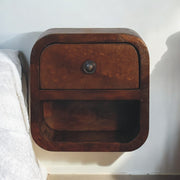 Solid Wood Extra Mini Curved Bedside, 1 Drawer and Open Shelf, Dark Brown