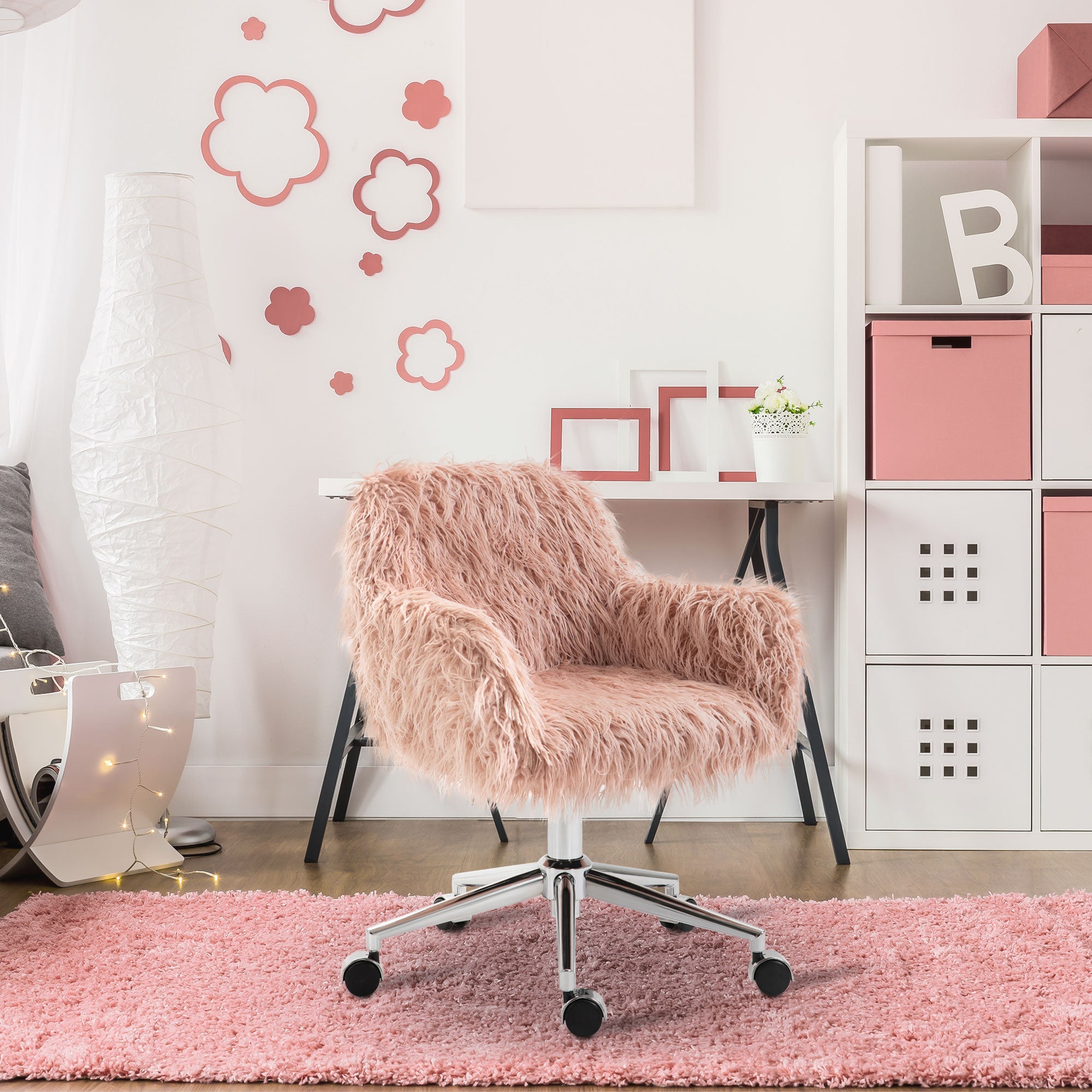 Women's Office Chair Ergonomic Height-Adjustable Faux Fur Pink/Silver