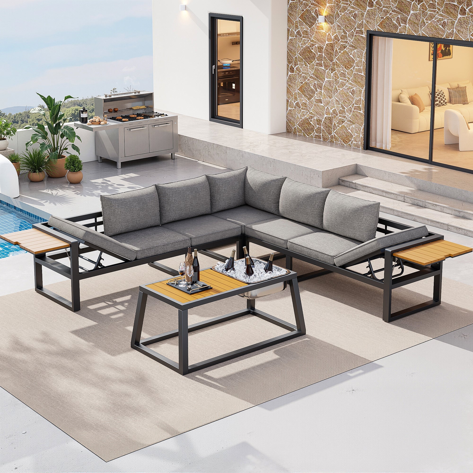 Modular Outdoor Sofa Set with Adjustable Backrest and Metal Ice Bucket, Grey/Beige