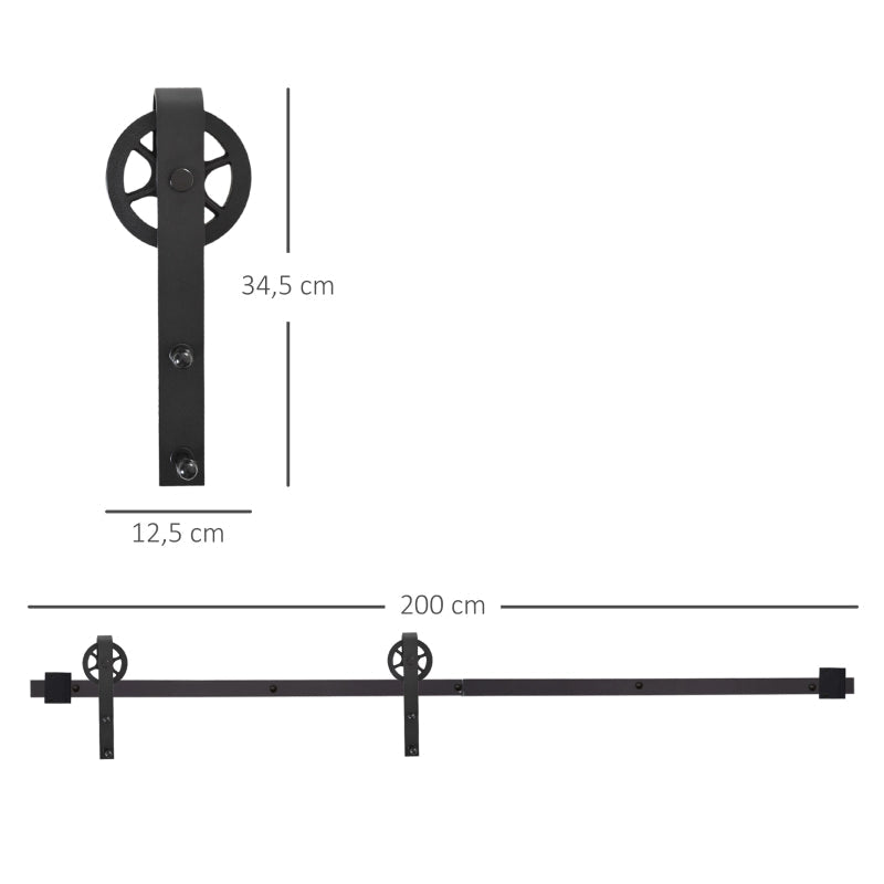 Sliding Door Hardware Kit 200 cm with Rails, Rollers, Stopper, Carbon Steel Black