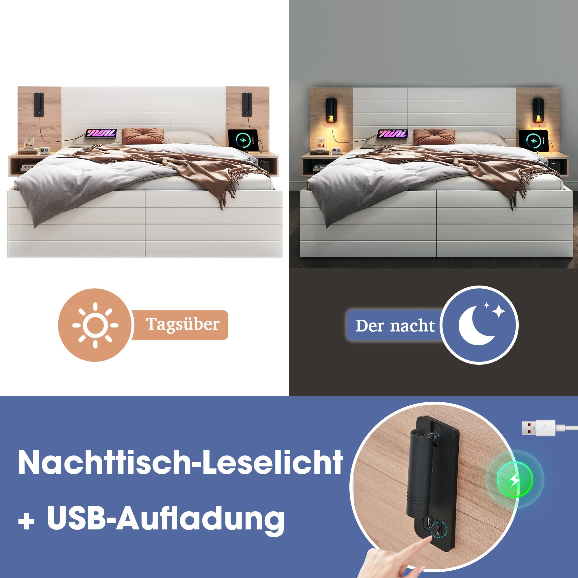 Double Bed 140x200cm, 2 Drawers, USB Reading Light, 2 Bedside Tables, Oak/White Wood