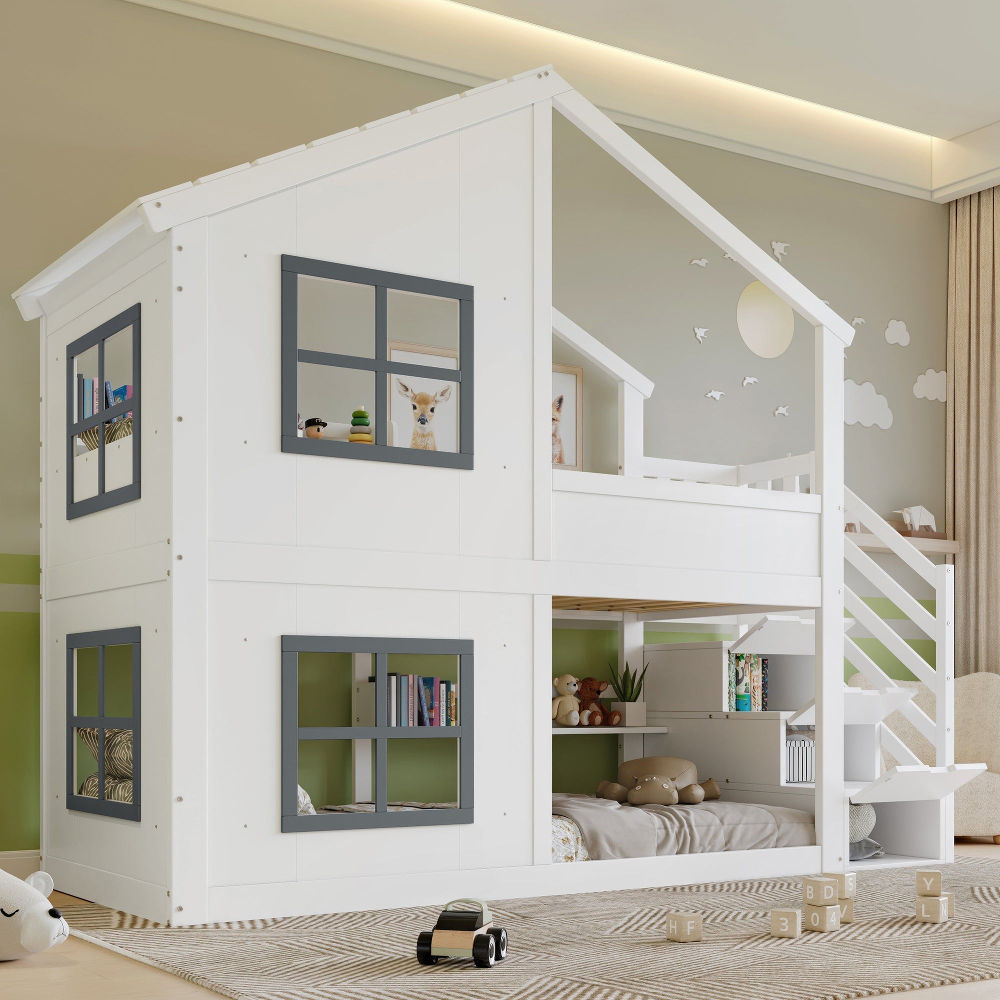 Children's Bunk Bed with Windows, Roof and Storage Cabinet, White and Grey