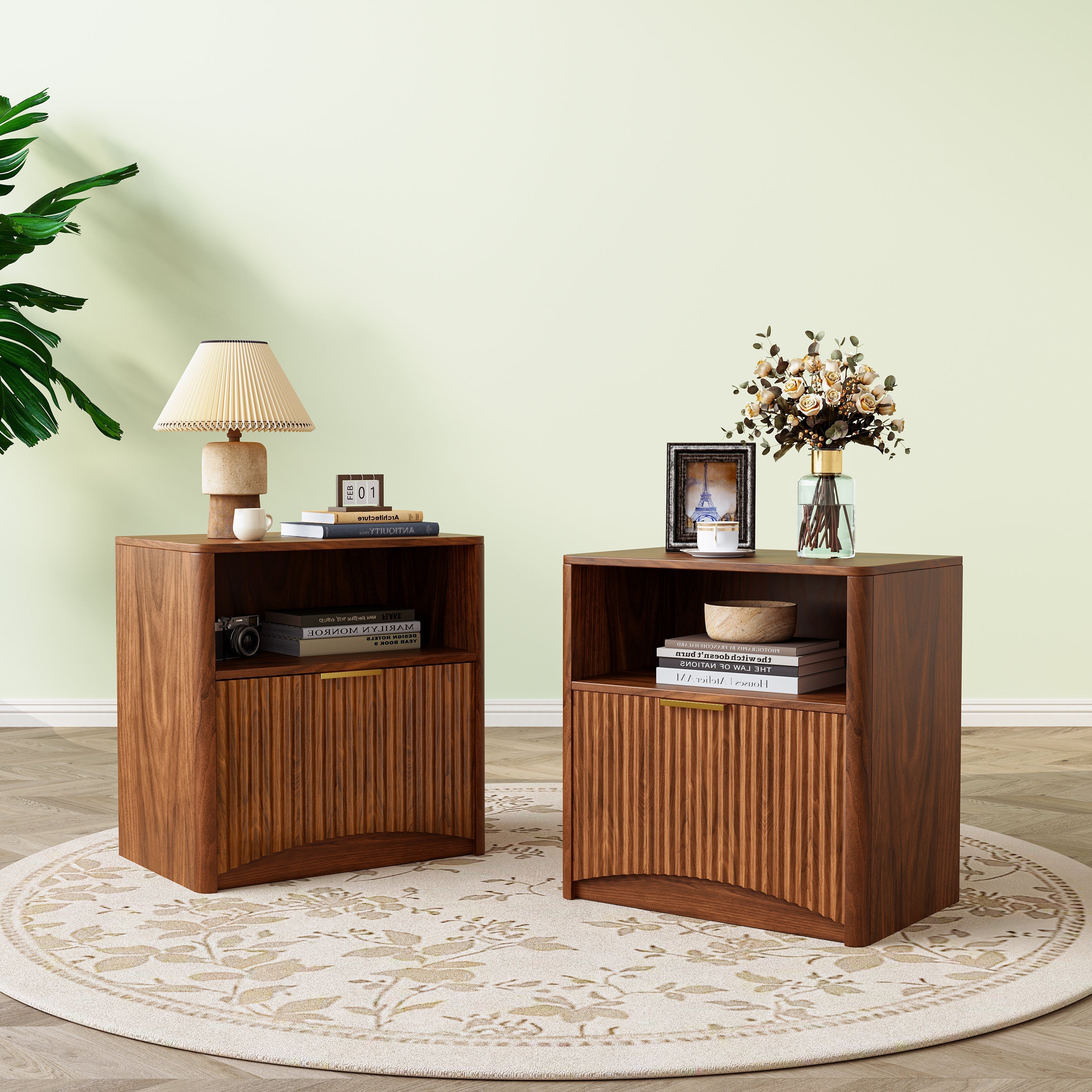Nightstand Grooved Open Drawer Gold Handles - Walnut Look