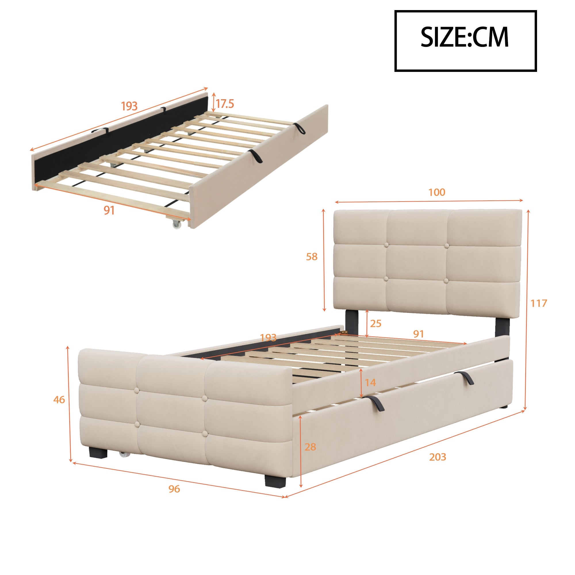 Upholstered Single Bed with Pull-out Guest Bed and Slatted Frame, 90x190cm, Beige Velvet