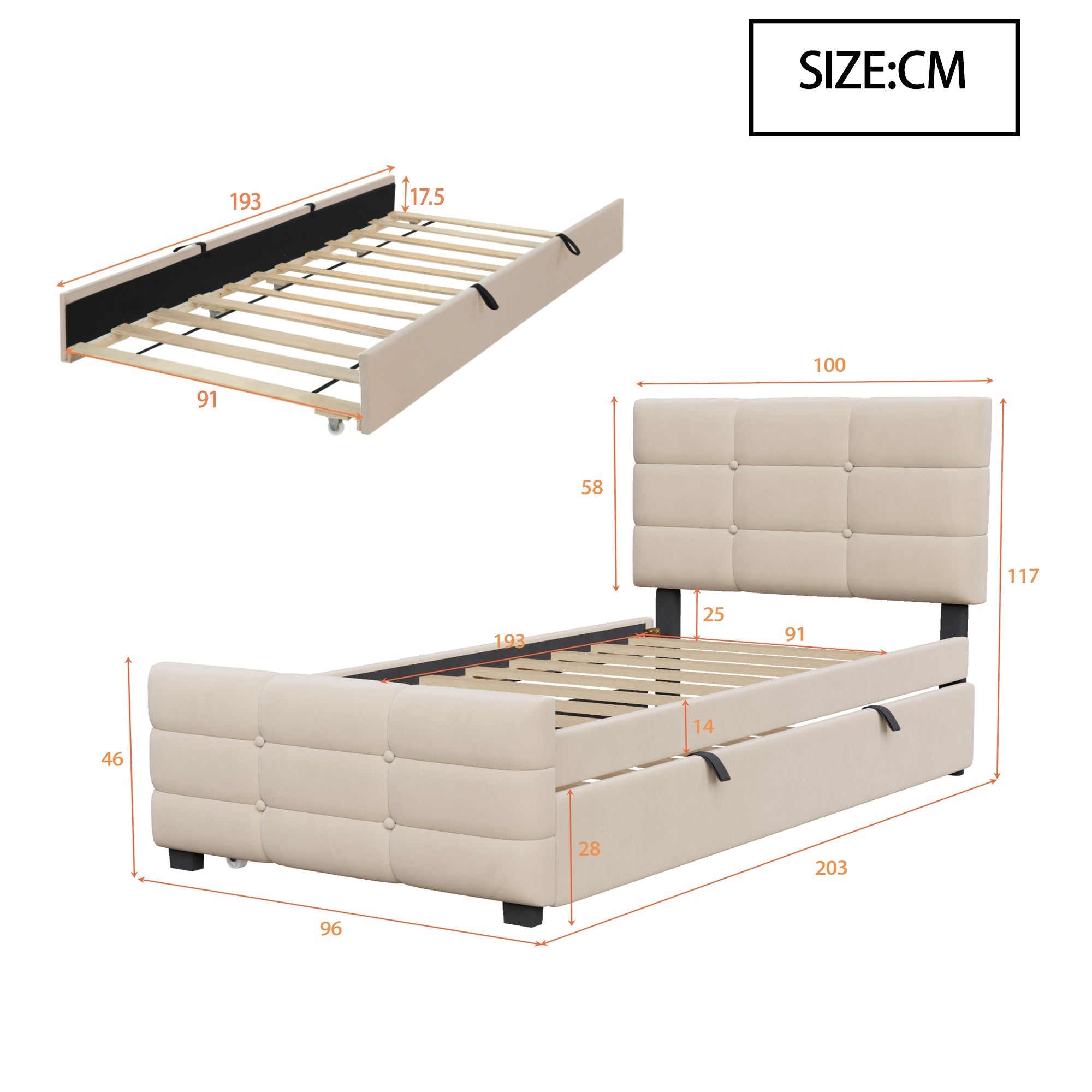 Upholstered Single Bed with Pull-out Guest Bed and Slatted Frame, 90x190cm, Beige Velvet