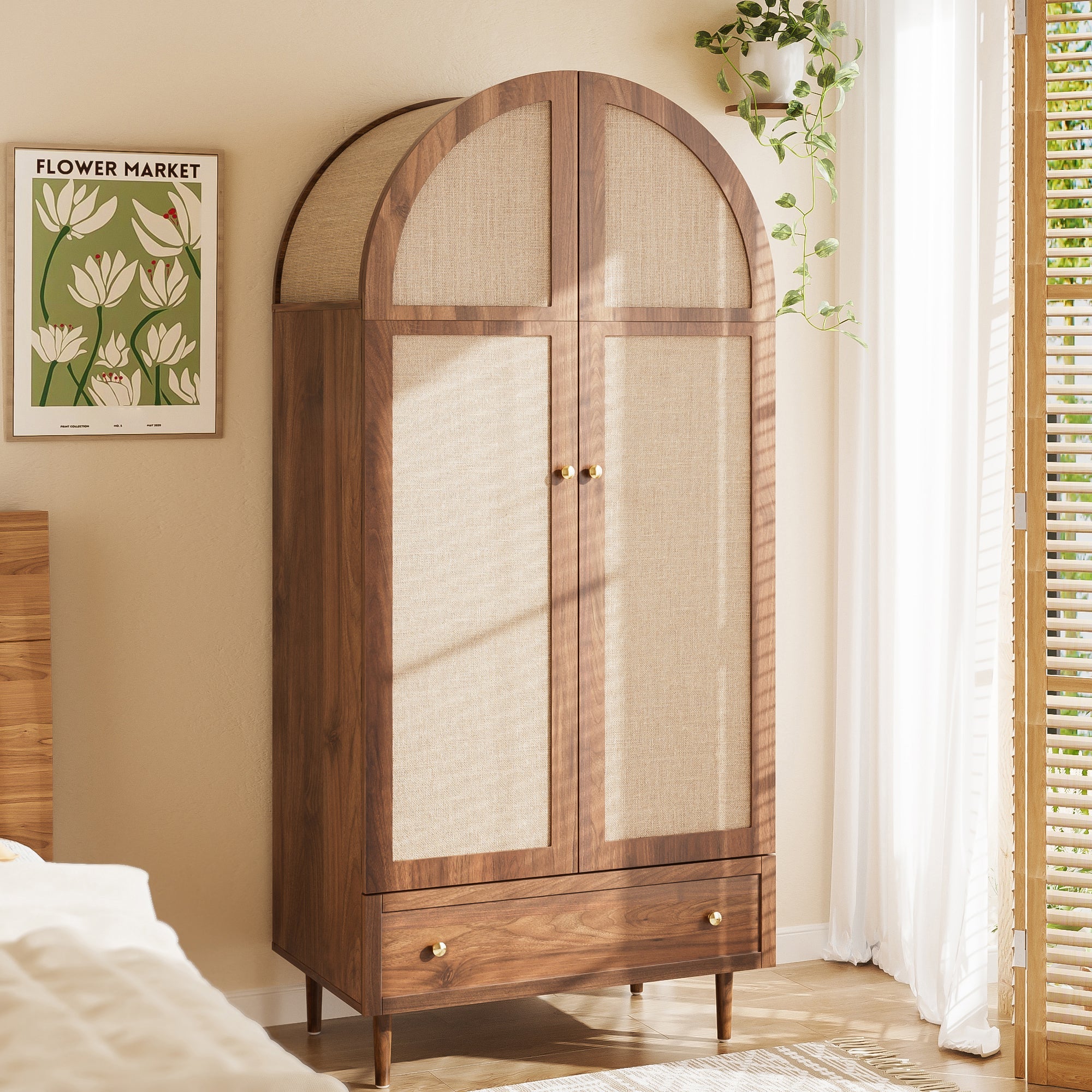 Wardrobe with Drawers Linen Fabric Wooden Doors