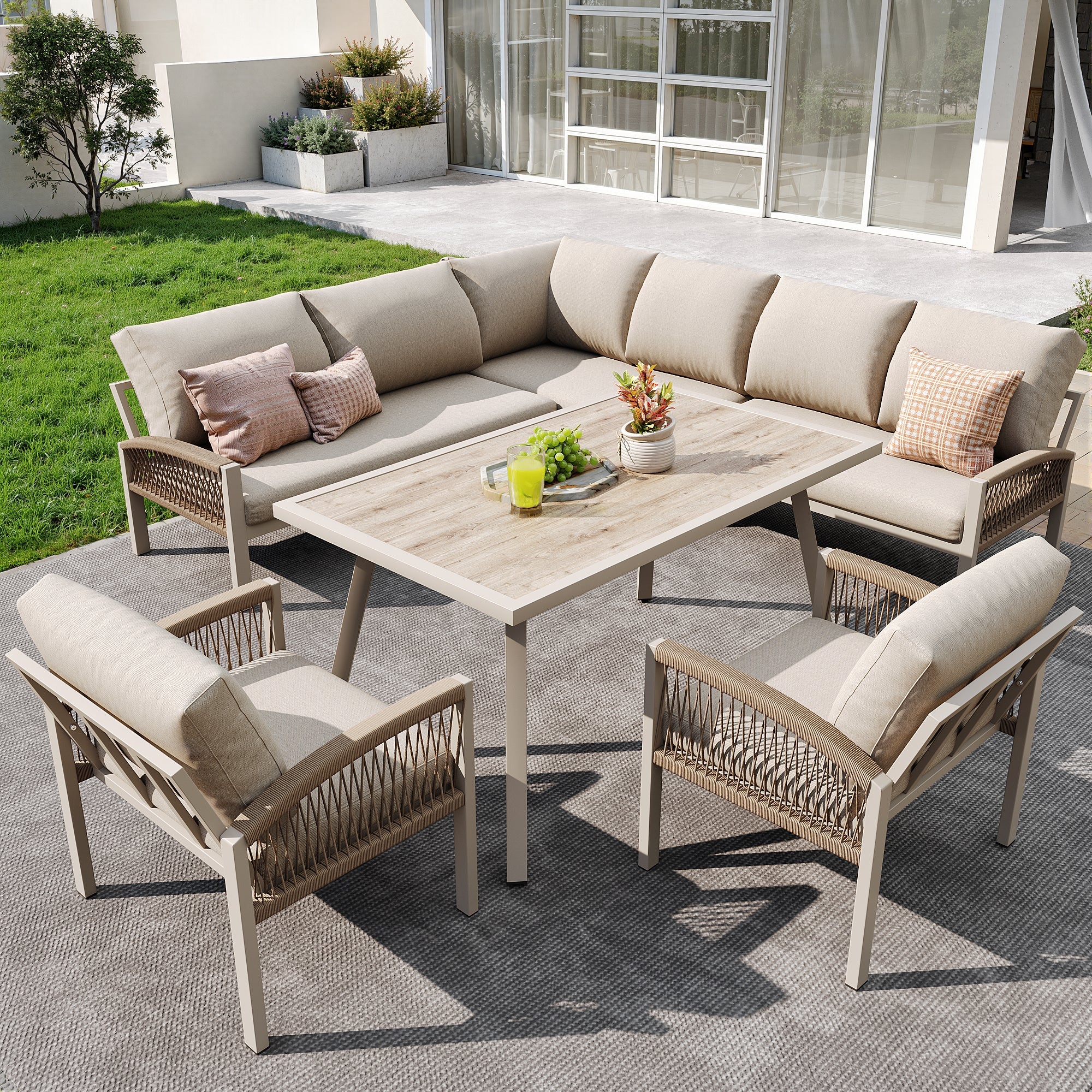 L-Shaped Garden Sofa Set 8-Seater with Table 2 Woven Armchairs Weatherproof - Beige/Iron