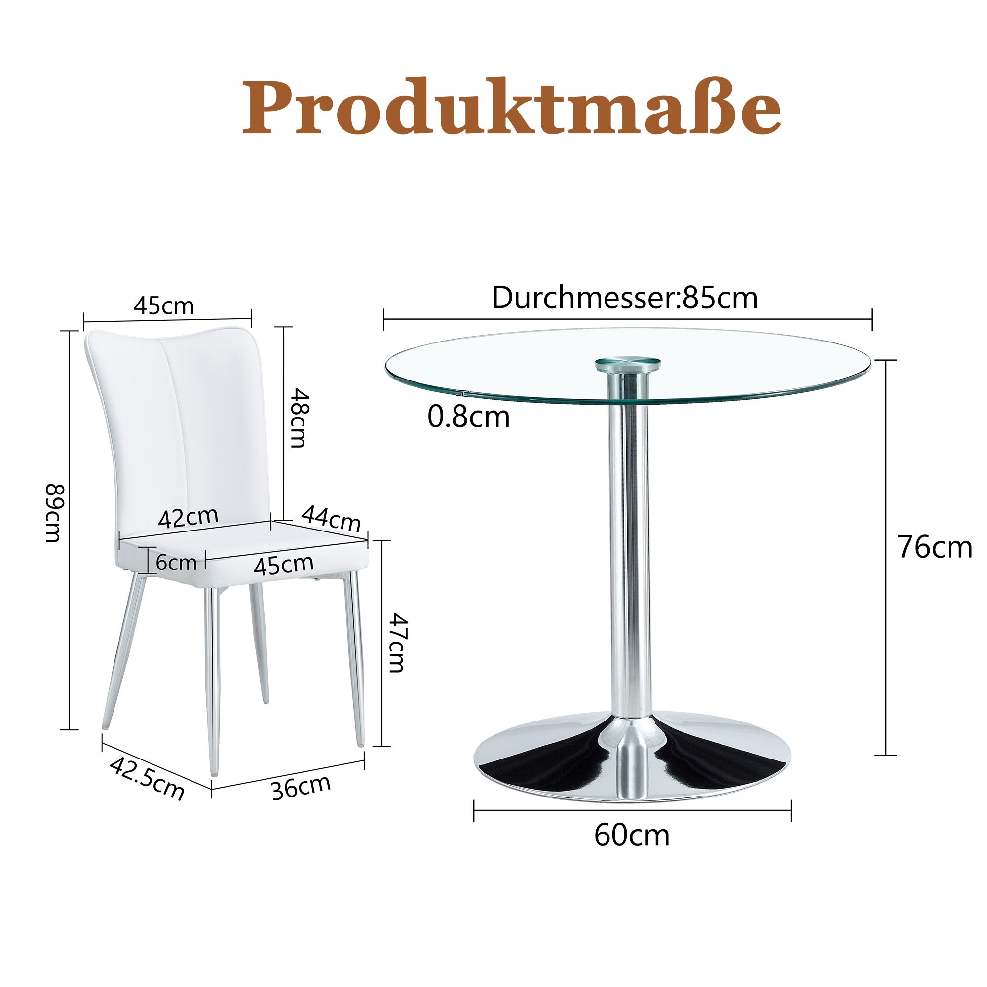 Modern Dining Set 85cm Tempered Glass Table with 2 PU Chairs - White