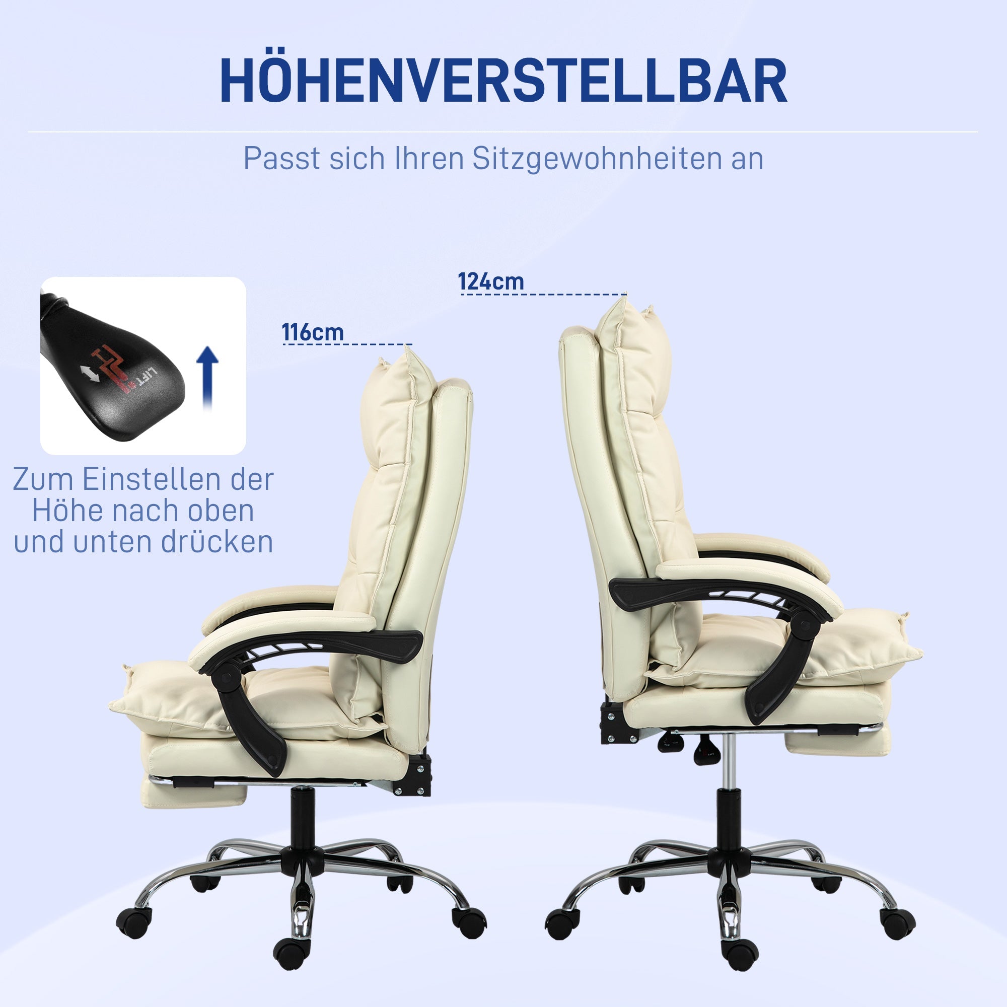 Vinsetto Office Chair Ergonomic, Height Adjustable, 155° Tilt, Footrest, Beige