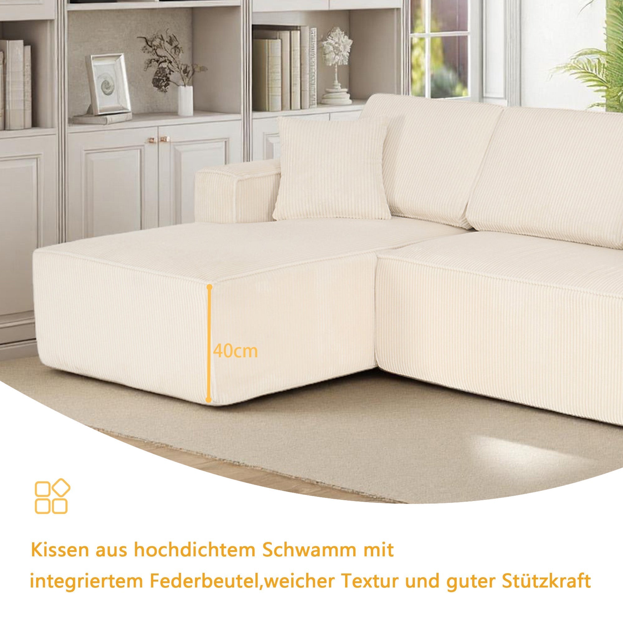 L-Shaped Sofa with Chaise Longue and High-Density Foam, Corduroy Beige