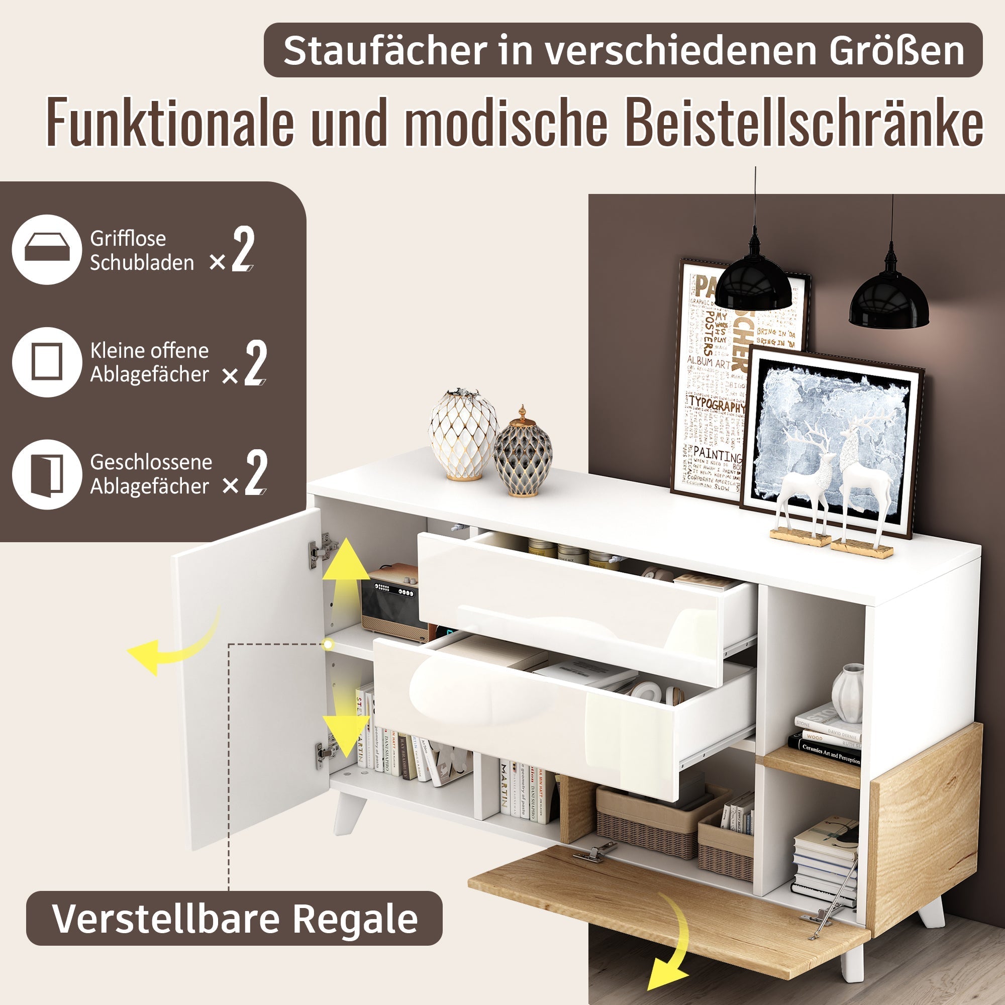 Sideboard, Storage, High-Gloss White Wood