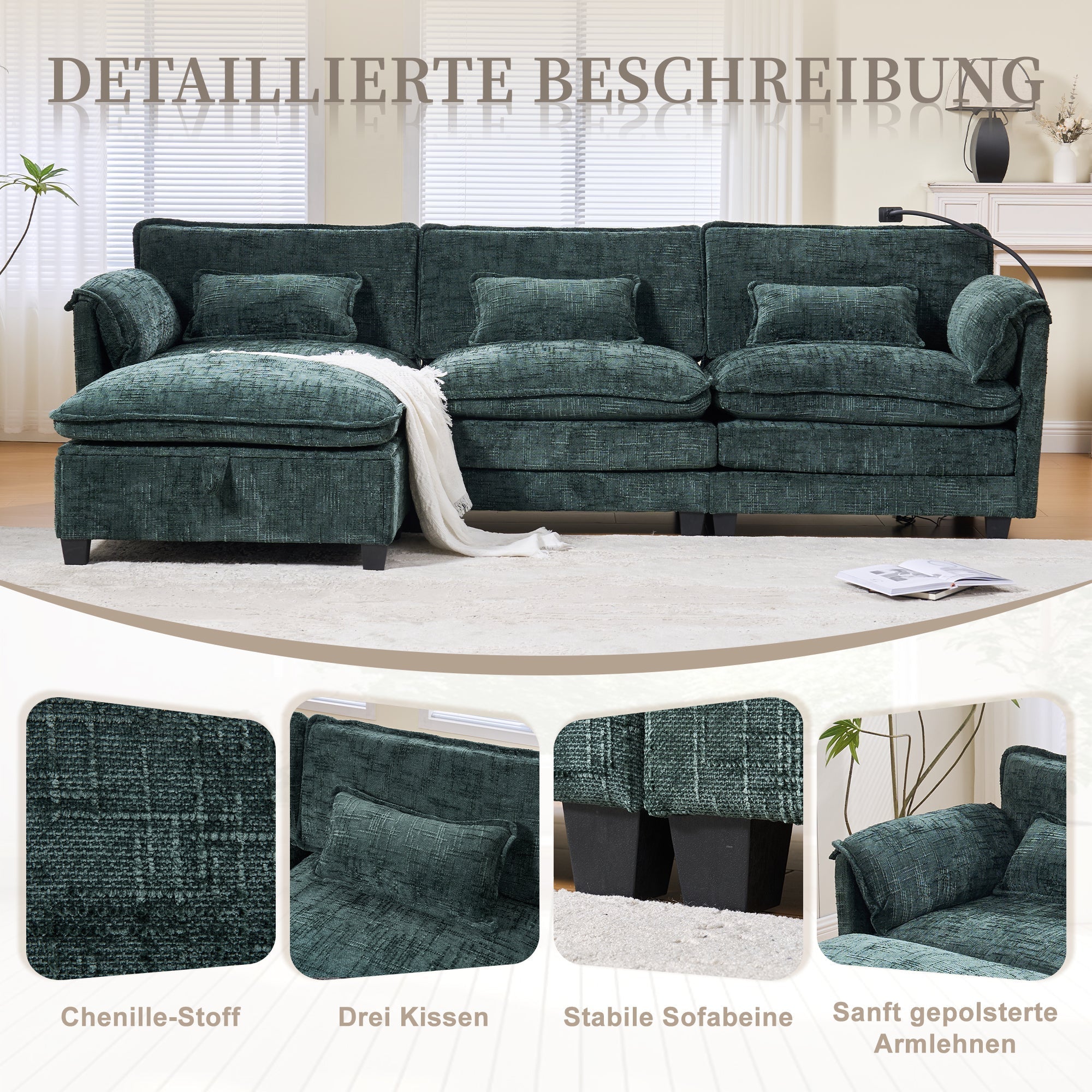 Modern 2-seater Sofa, USB Port Side Storage, Modular Footstool, Chenille Emerald