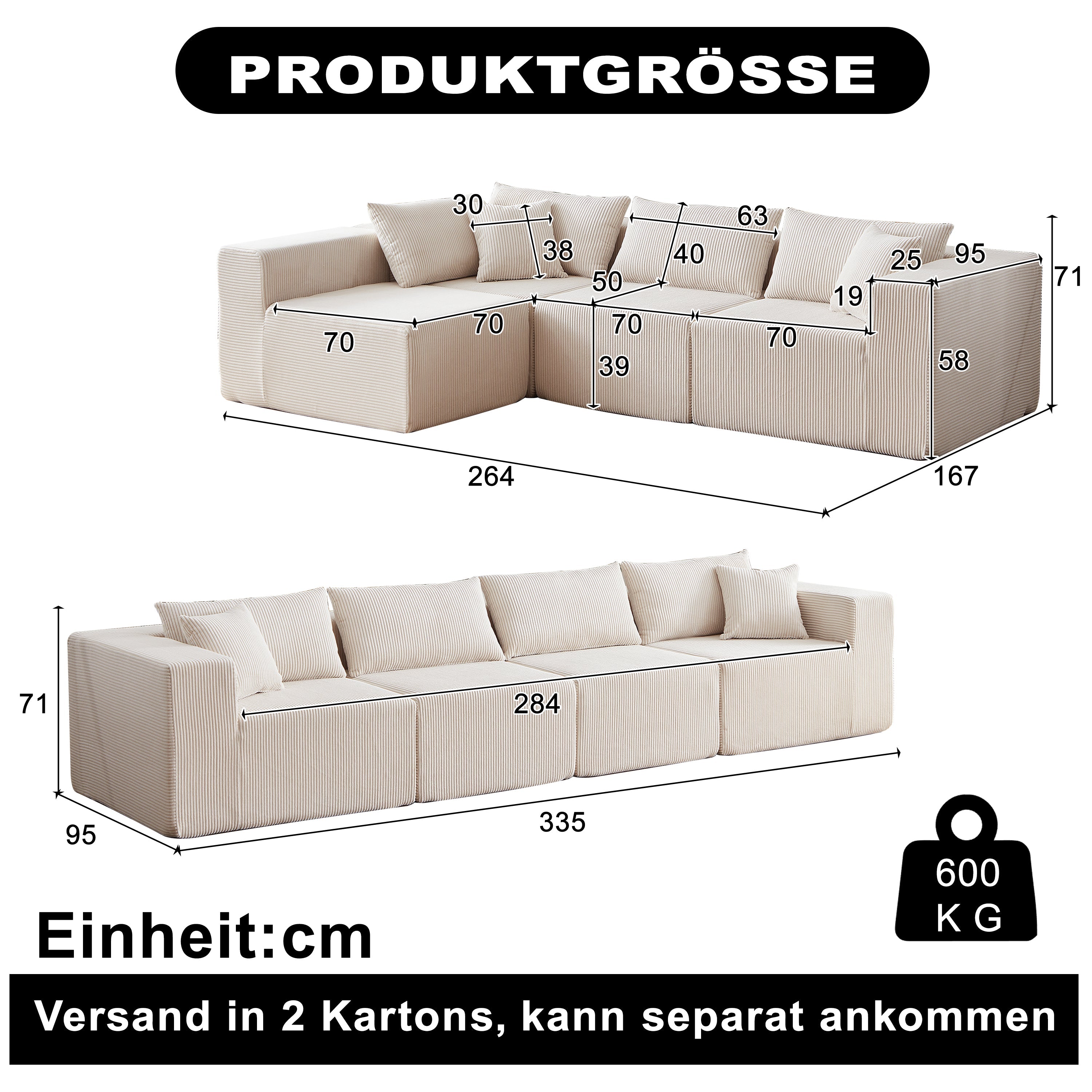 Modular L-Shaped Sectional Sofa 104-Inch 4-Piece - Corduroy