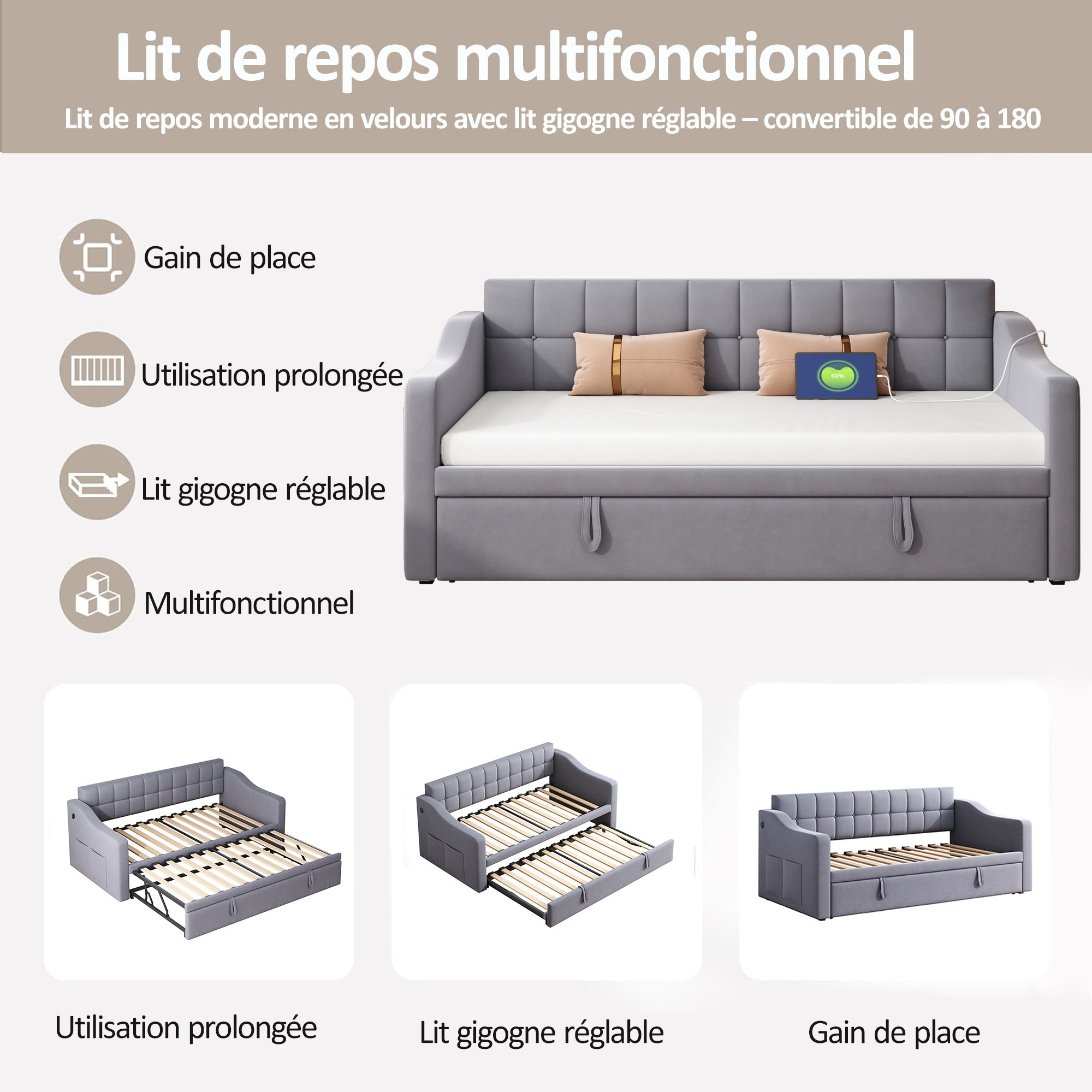 Upholstered Bed Sofa, 2-in-1 Multifunctional with Socket & Storage, Gray Velvet