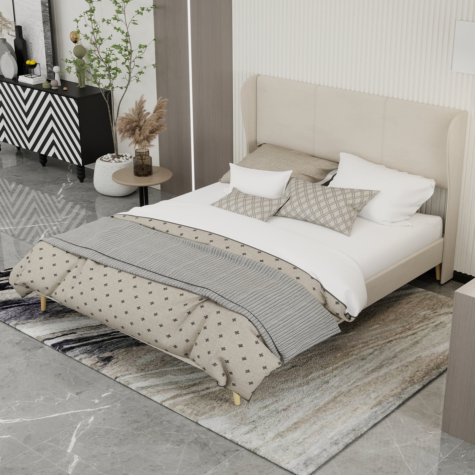 Modern Minimalist Upholstered Bed with Plush Headboard, 160x200 cm, Beige, Multifunctional Bedroom Furniture, Low-Profile Non-Storage Base (Without Gas Lift), Mattress Excluded.