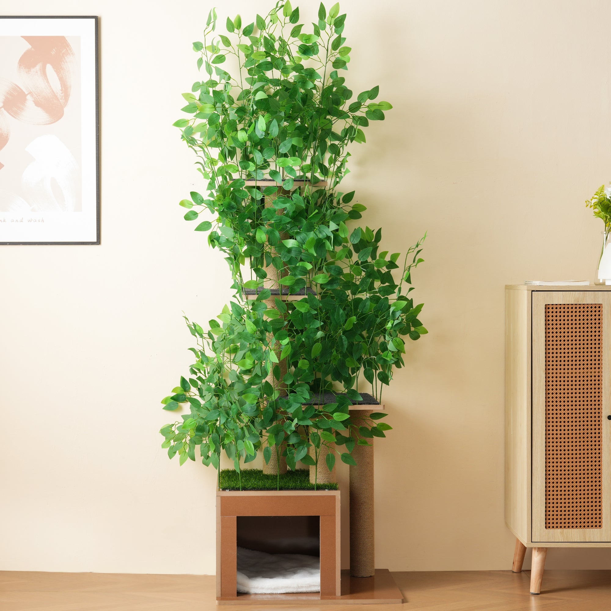 Cat Tree 190cm Tall Tree-Shaped 4 Platforms with Cat Holes Scratch-Resistant MDF