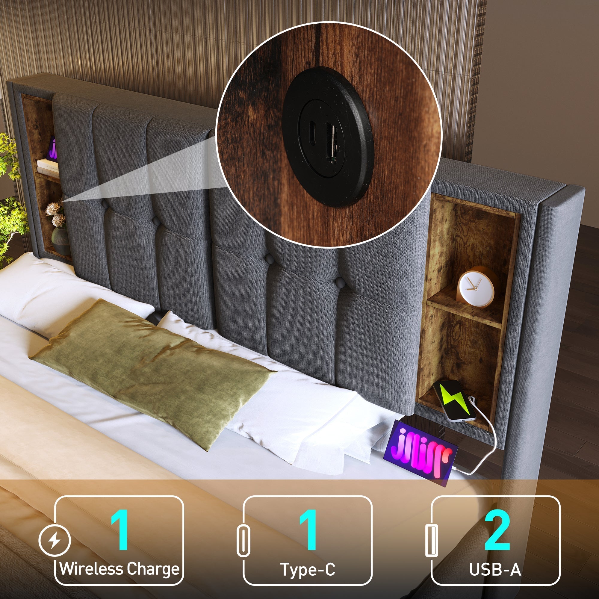 Double Bed with Wireless Charging, Storage, 140x200cm, Grey Cotton