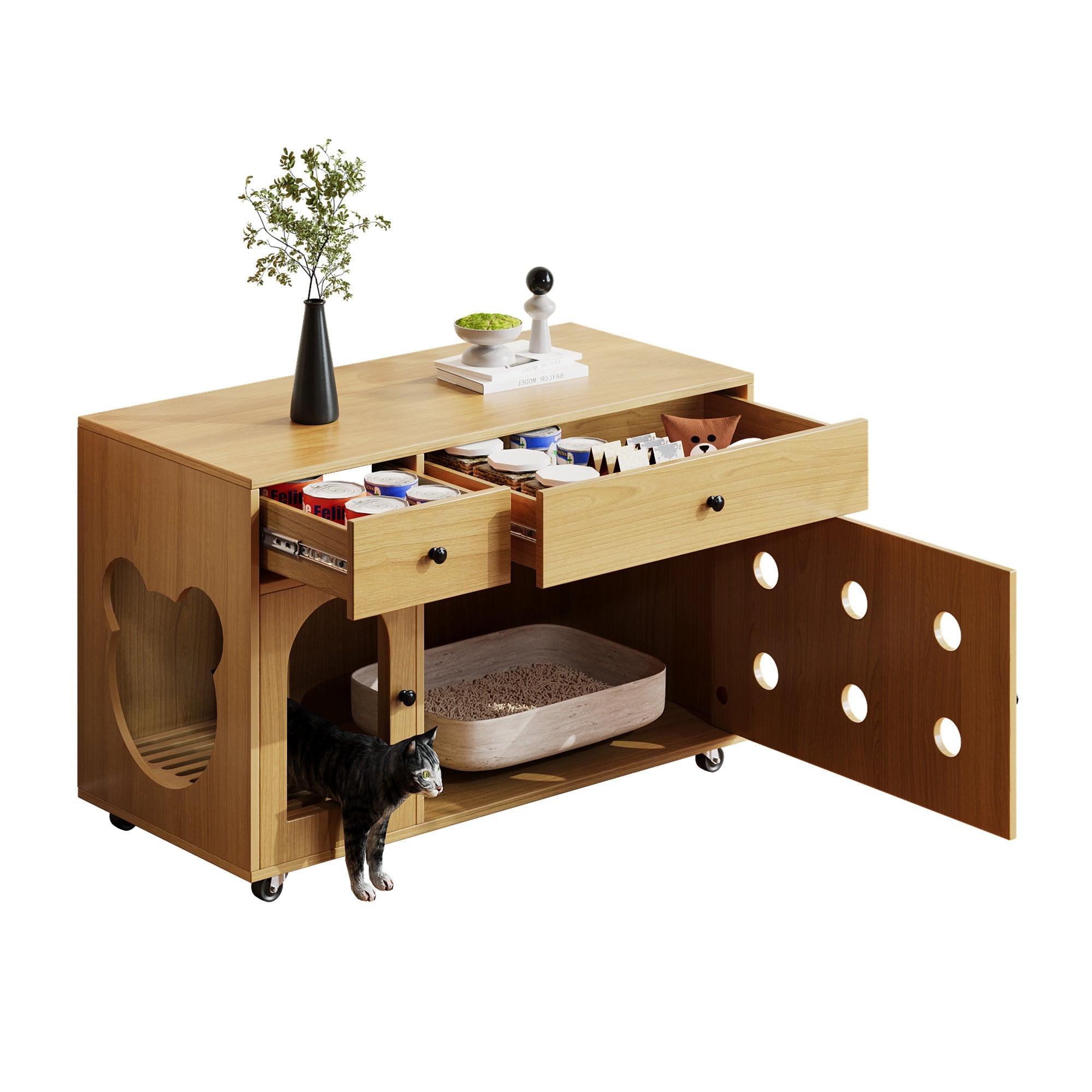 Cat Litter Box Cabinet, Removable Sand Drain, Odor-Insulated, 100x45x66 cm, Natural Wood/Yellow Maple Color