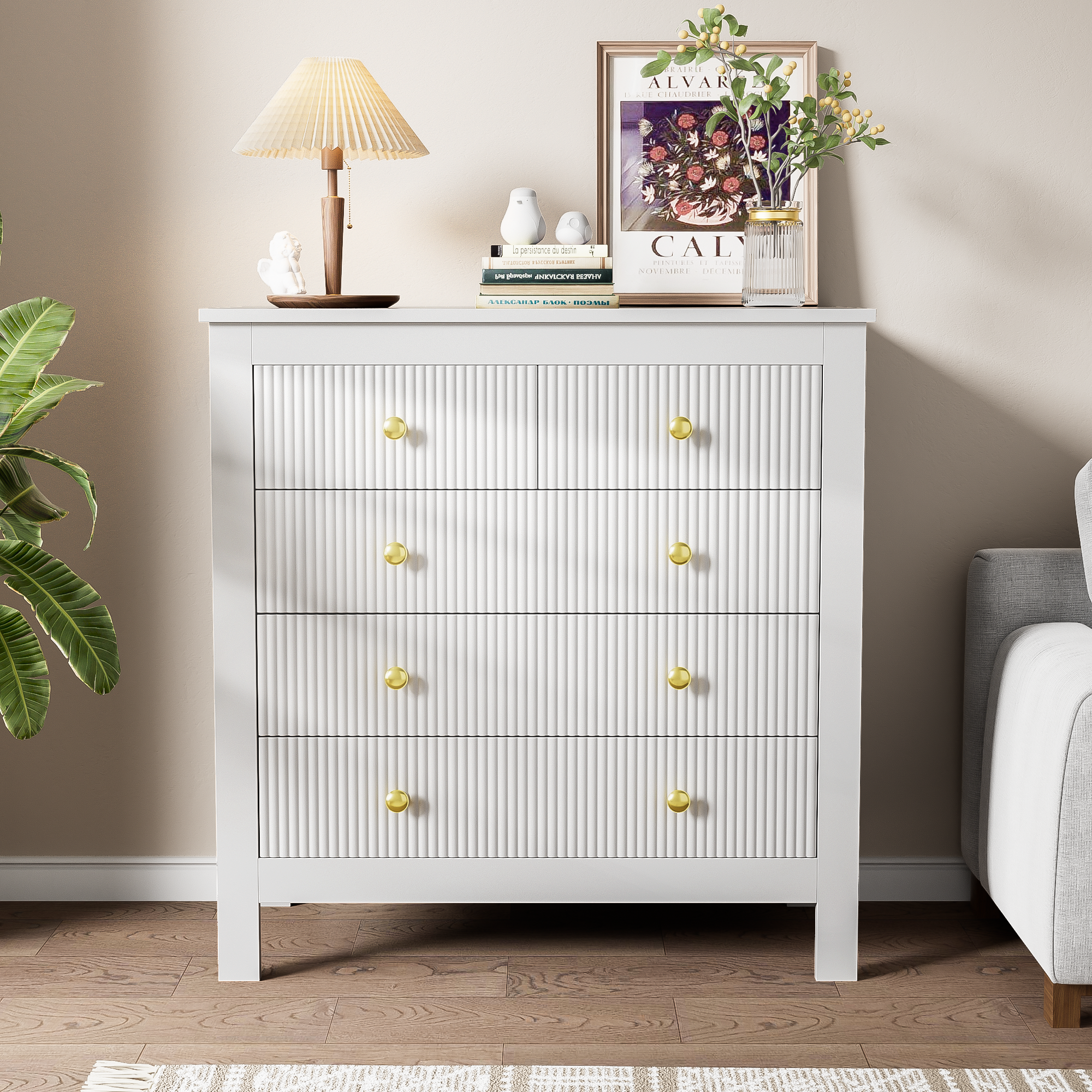 Sideboard, chest of drawers with special doors, gold handles
