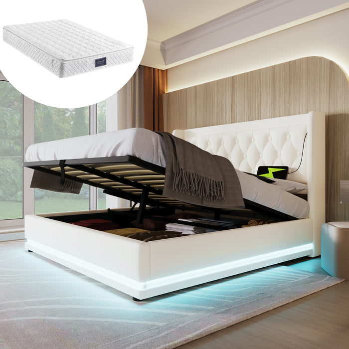 Upholstered Double Bed, 140*200cm Hydraulic Storage with LED & USB, White PU