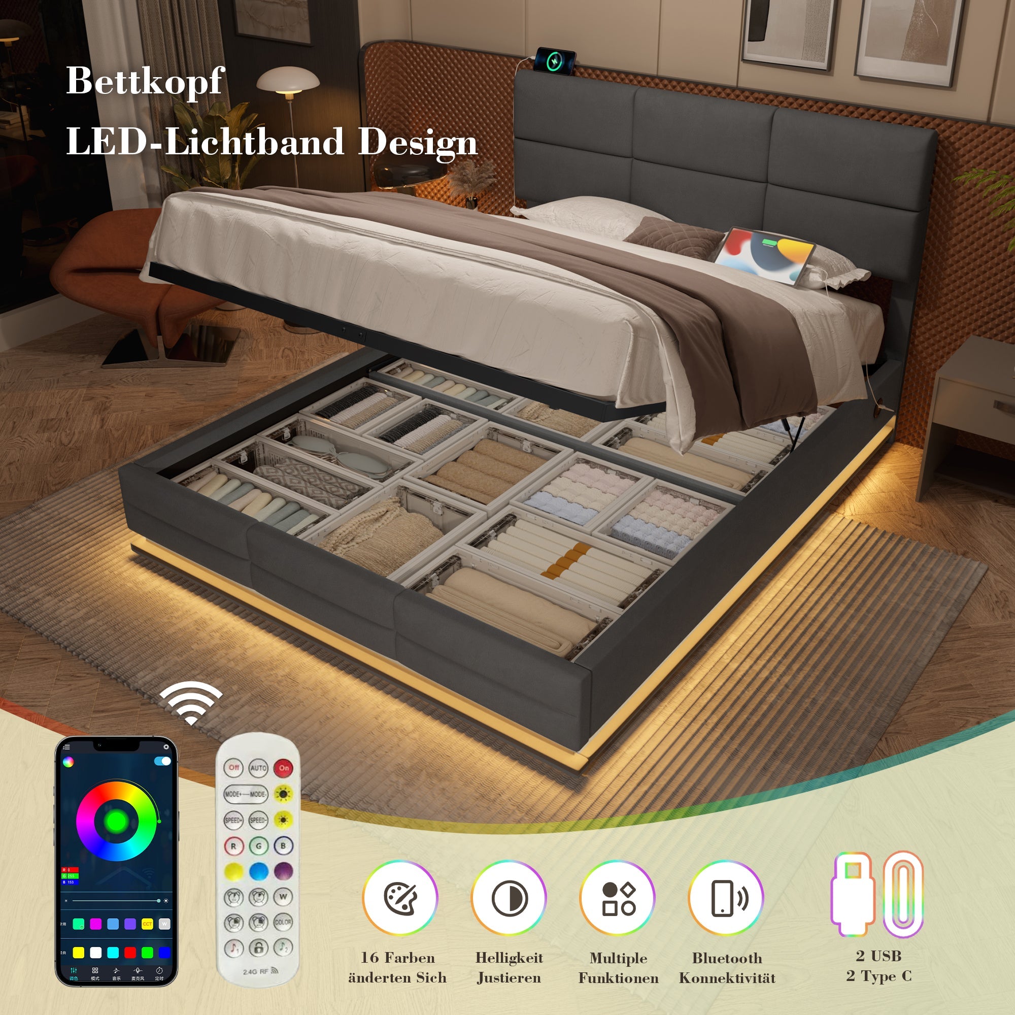 Velour Upholstered Bed, 140x200cm, Adjustable Headboard, USB/Type-C, LED Lighting, Hydraulic Lift, XXL Storage, Grey