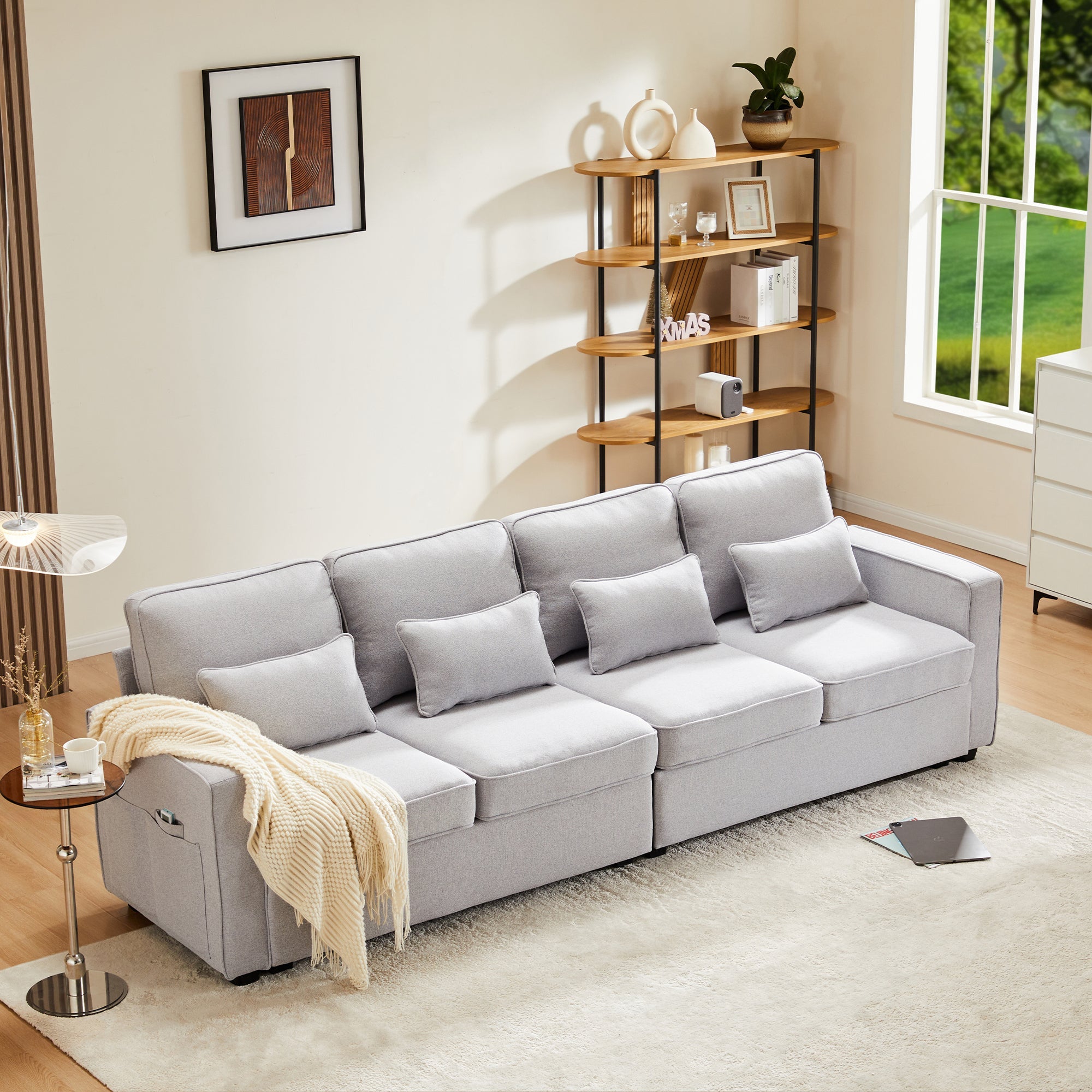 Sofa, 4-Seater with Armrest Pockets & 4 Pillows, Linen Fabric
