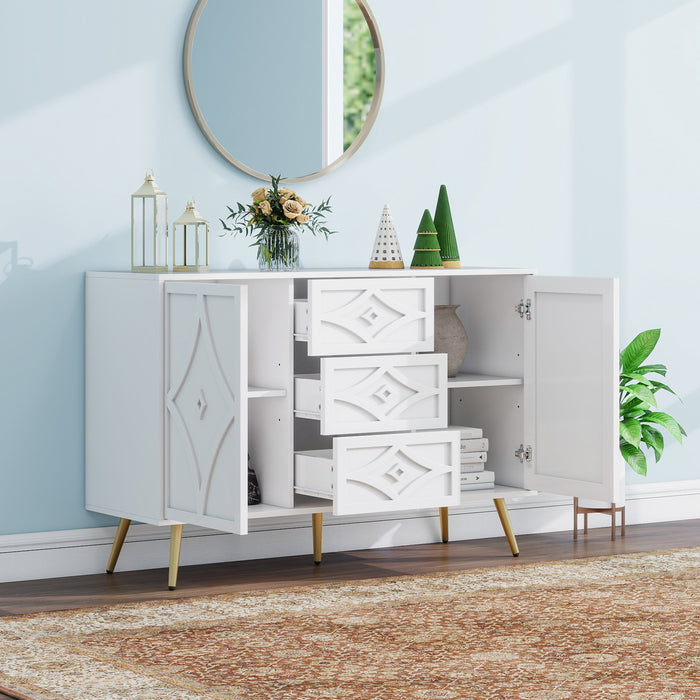 Chest of Drawers, Diamond Pattern with 3 Drawers & 2 Doors, Gold Feet White