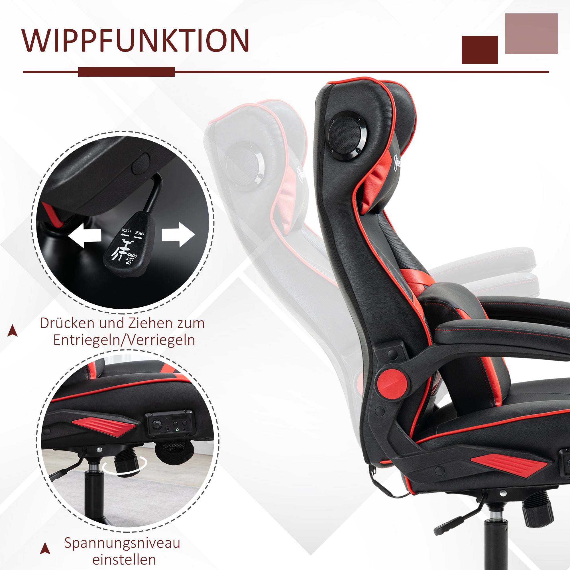 Vinsetto Gaming Chair, Height Adjustable, Rocking, Speakers, Ergonomic, Faux Leather