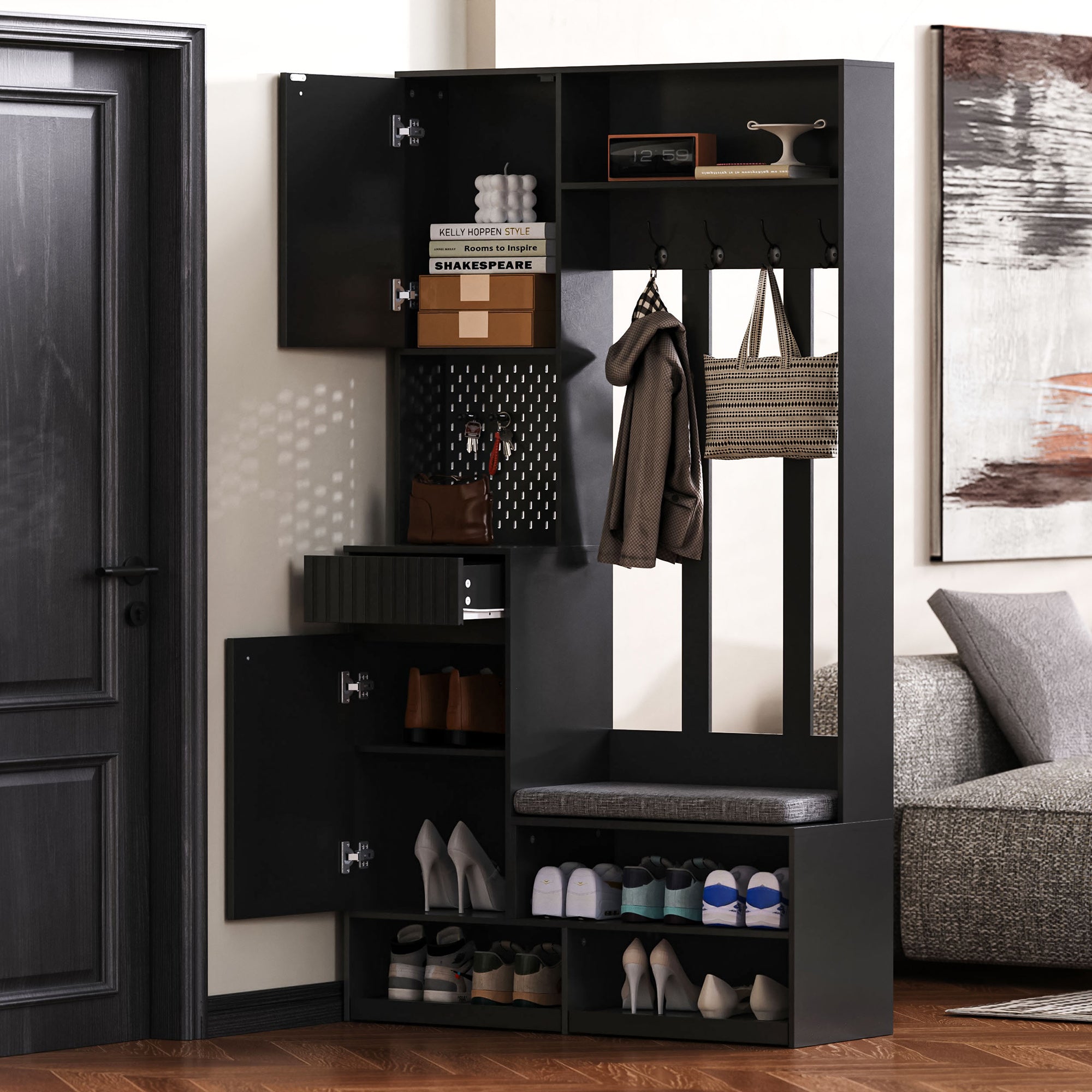 Wardrobe set complete hallway wardrobe set with bench, 4 hooks, doors & drawers - black
