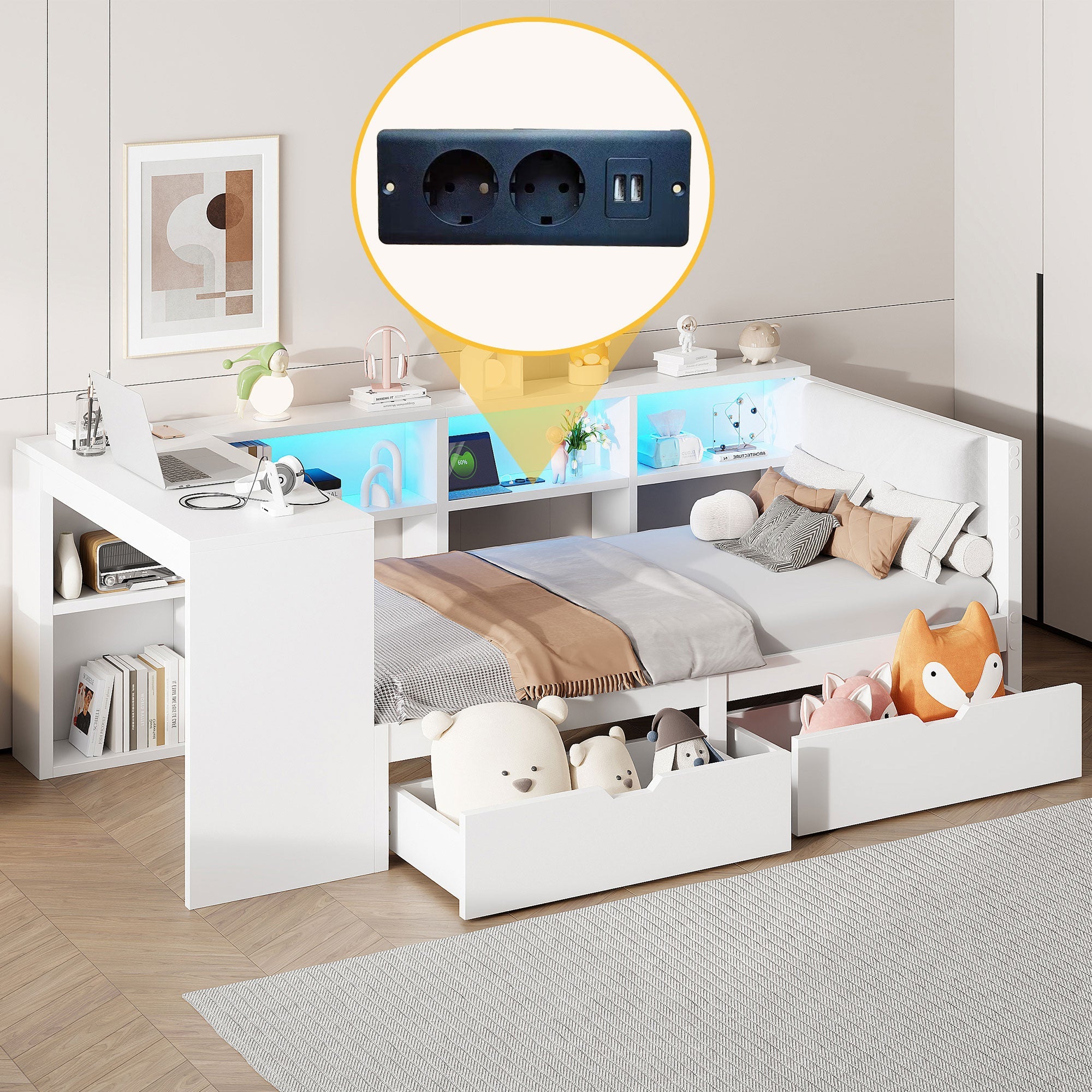 Platform Bed 90x200 Storage Drawers Shelves Upholstered Headboard LED - White