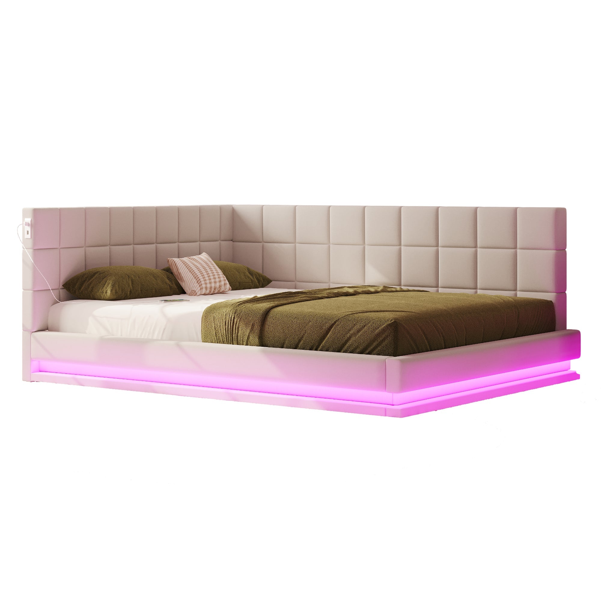 Upholstered Sofa Bed 160x200cm Multifunctional LED USB Slatted Frame - Velvet Beige