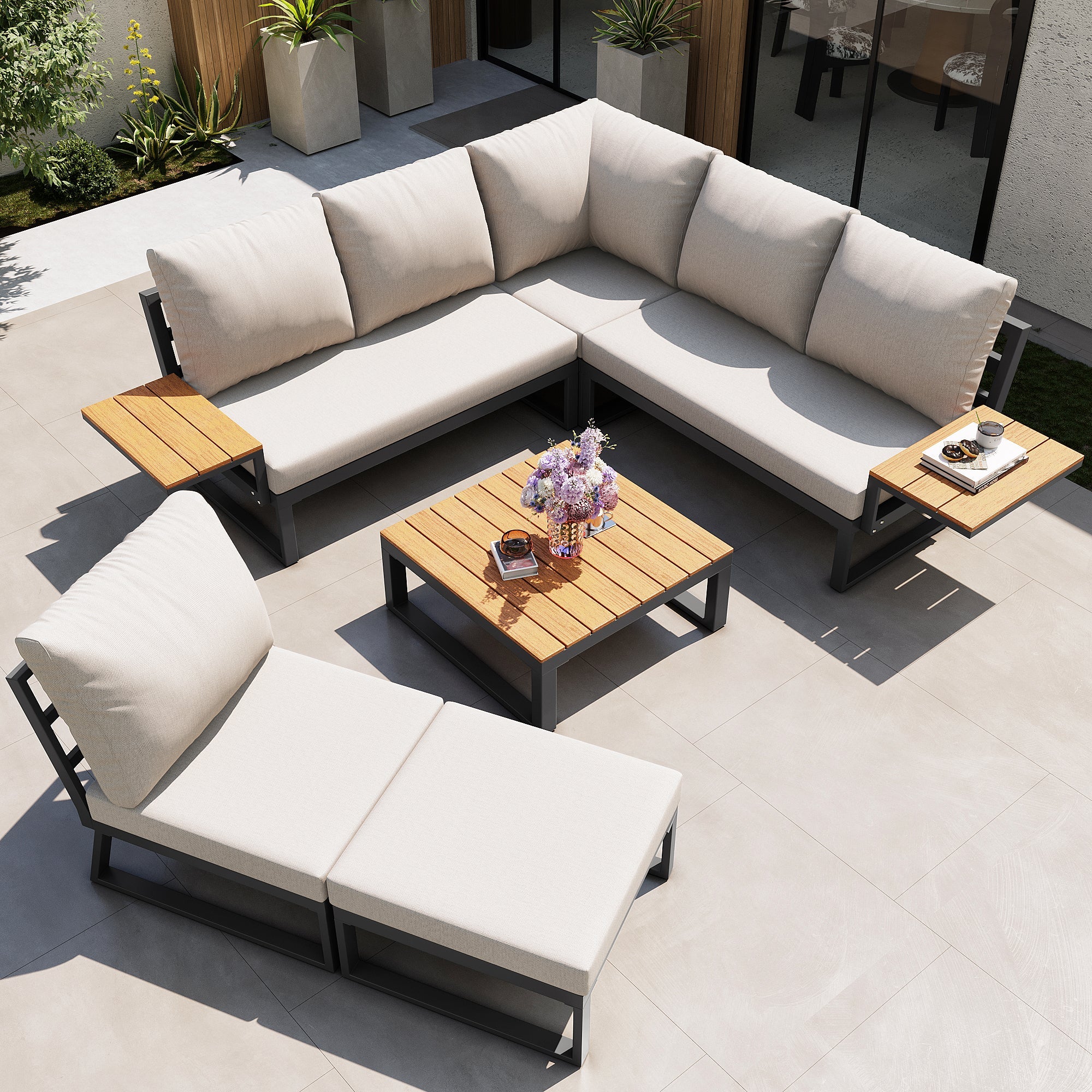 L-shaped Garden Sofa Set 7-Seater Lounger with Table Armchair Stool - Grey/Beige