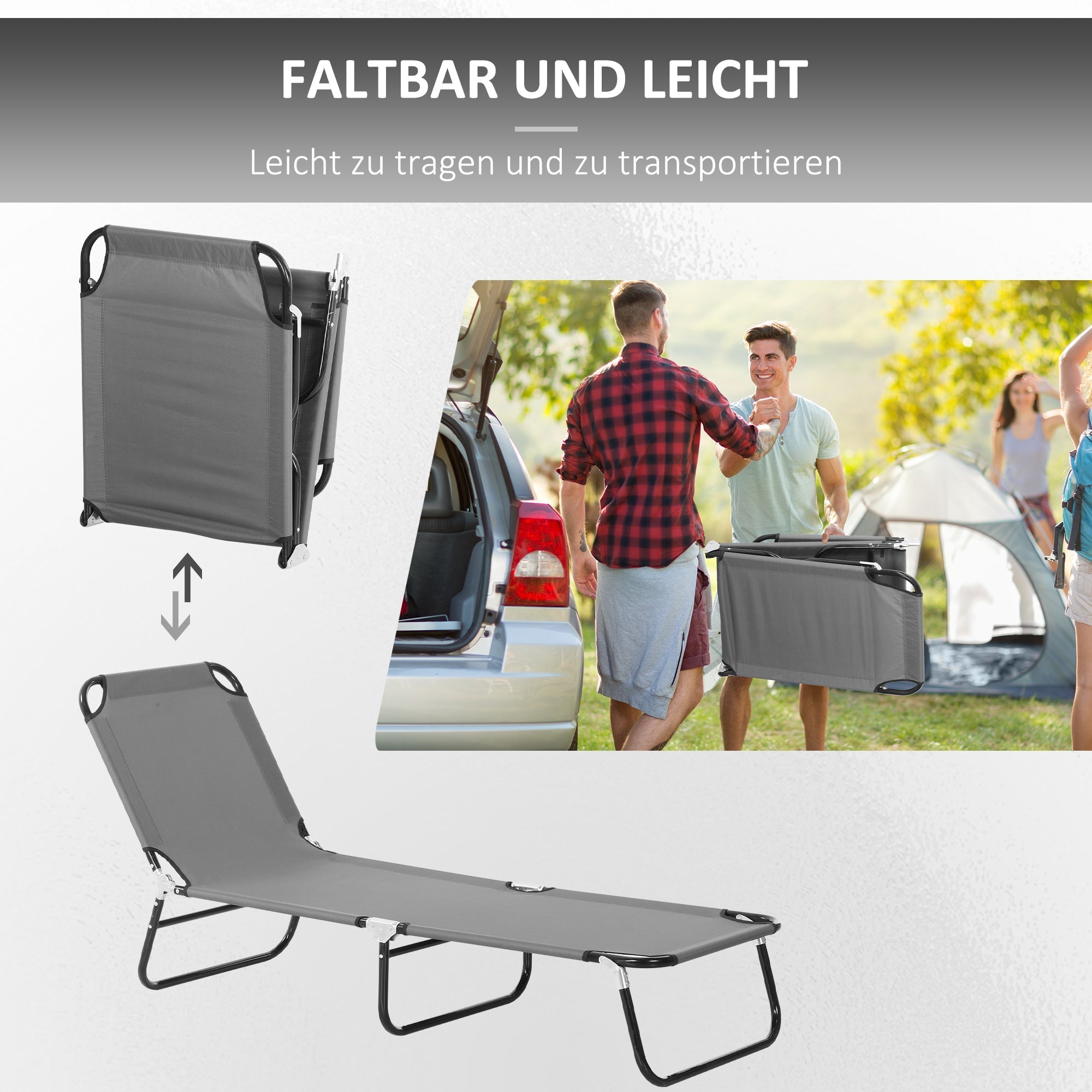 Sun Lounger, Adjustable Backrest Camping Deck Chair, 188x56x28cm Steel