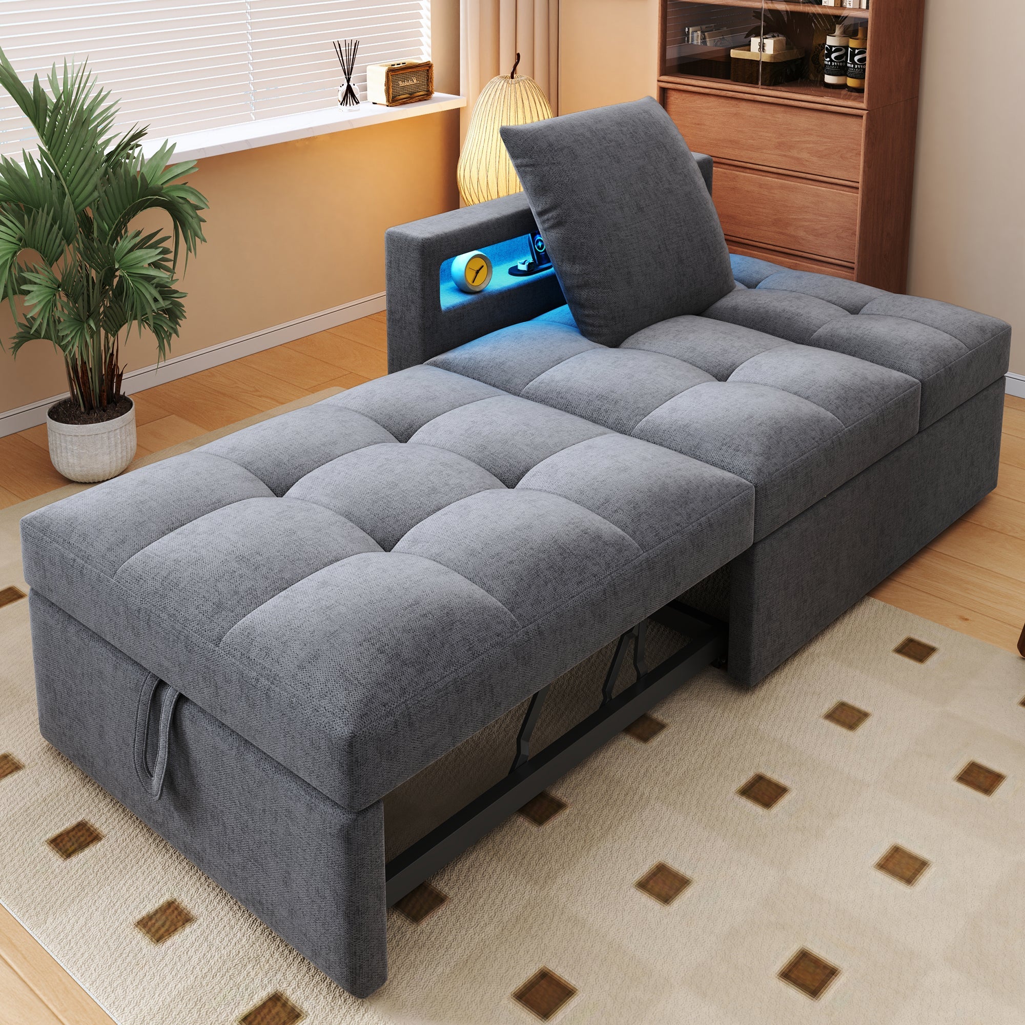 Upholstered Sleeper Sofa 3-in-1 Multifunctional Adjustable LED USB Ports Linen Fabric