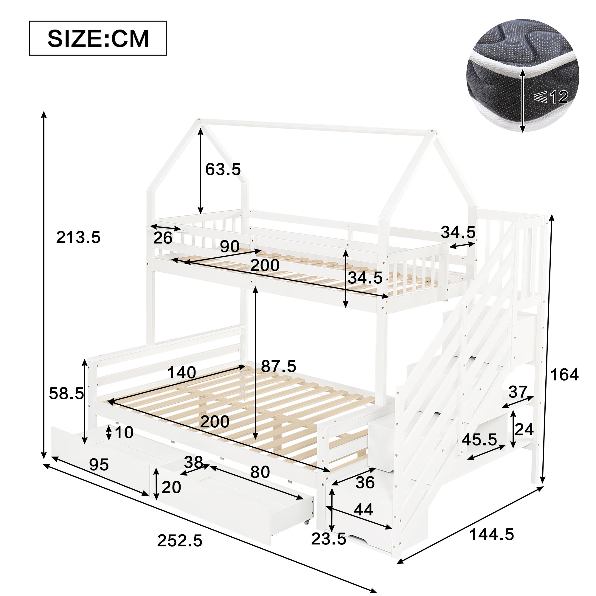 Bunk Bed Children's, Two Drawers Roof Design Safety Railing Stair Cupboard, 90x200cm & 140x200cm, Pine + MDF + Plywood White