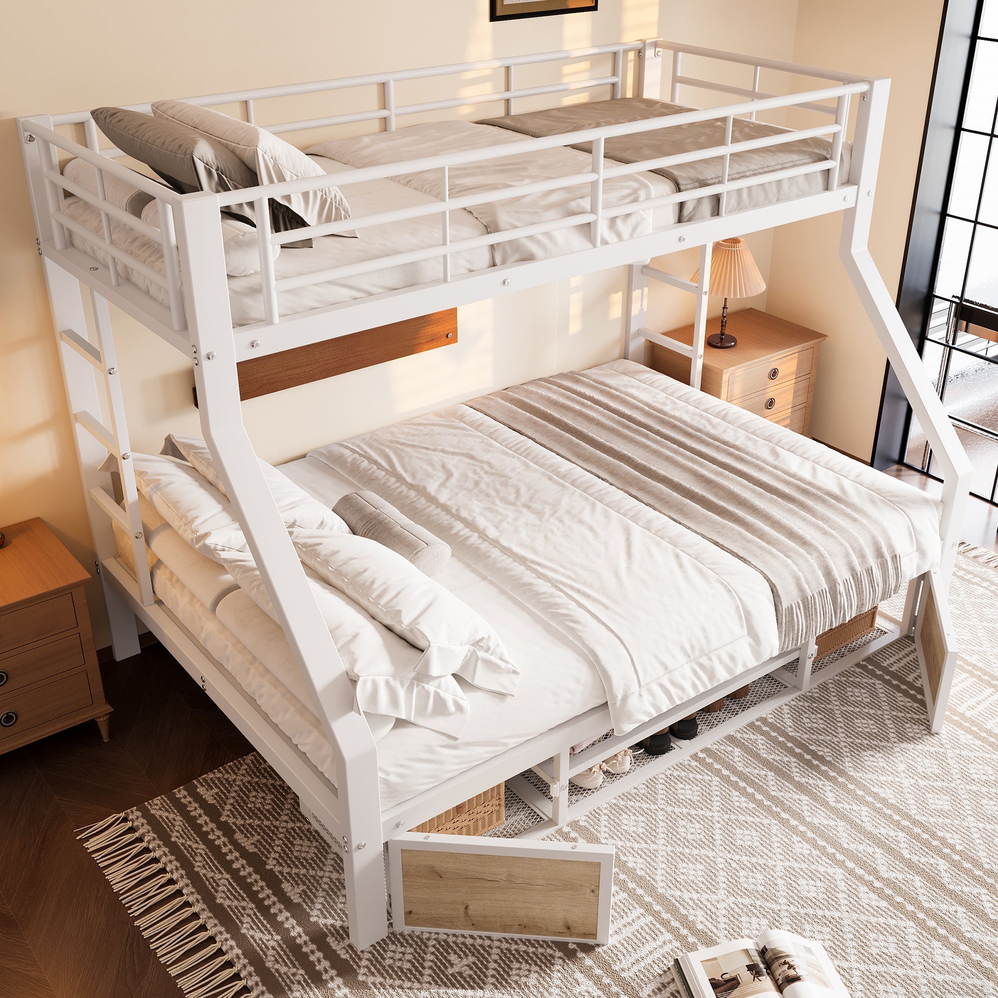 Bunk Bed for Children with Shoe Cabinet and Storage Compartments, 90x200 and 140x200cm, White
