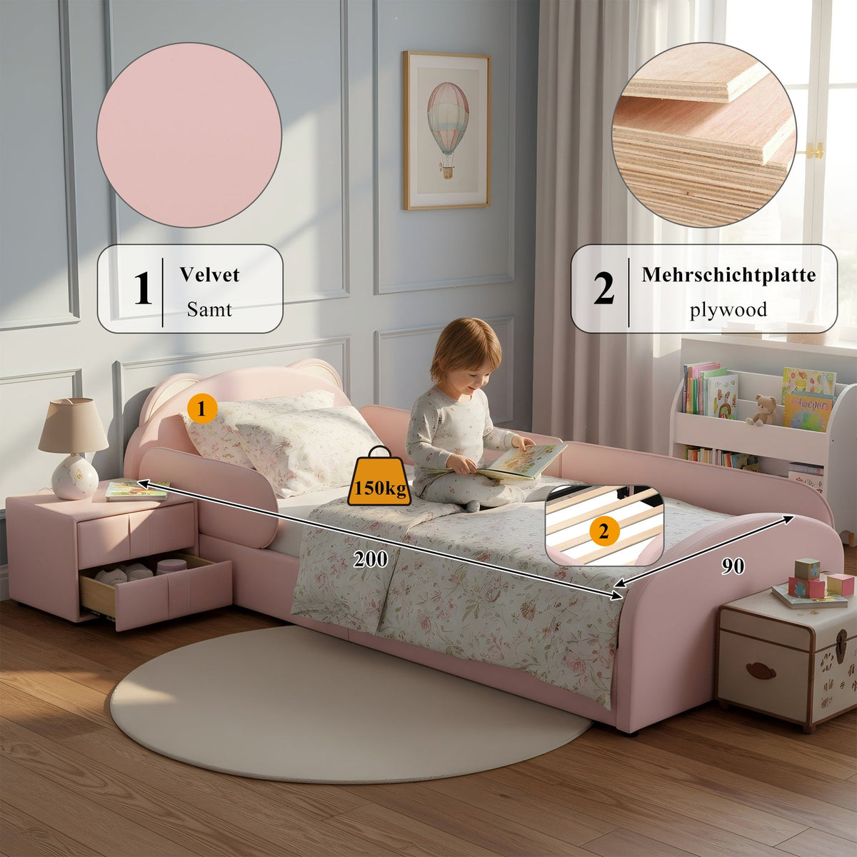 Upholstered Children's Bed with Bear-Shaped Headboard and Matching Bedside Table, 90x200cm, Pink Velvet