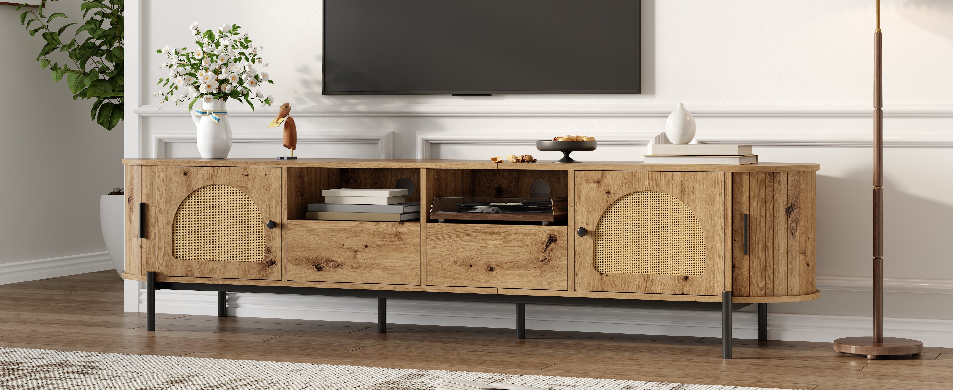 Oval TV Cabinet with Sliding Doors and Drawers, Wood Look and Rattan