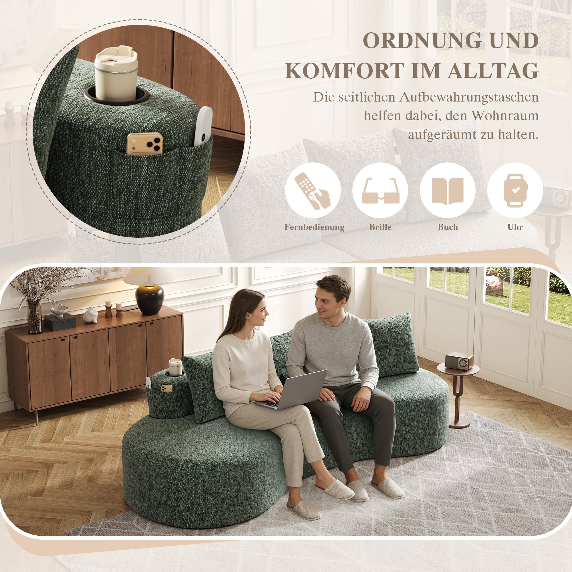 Linen Sofa with 4 Cushions, Cup Holder and Side Pocket, Green
