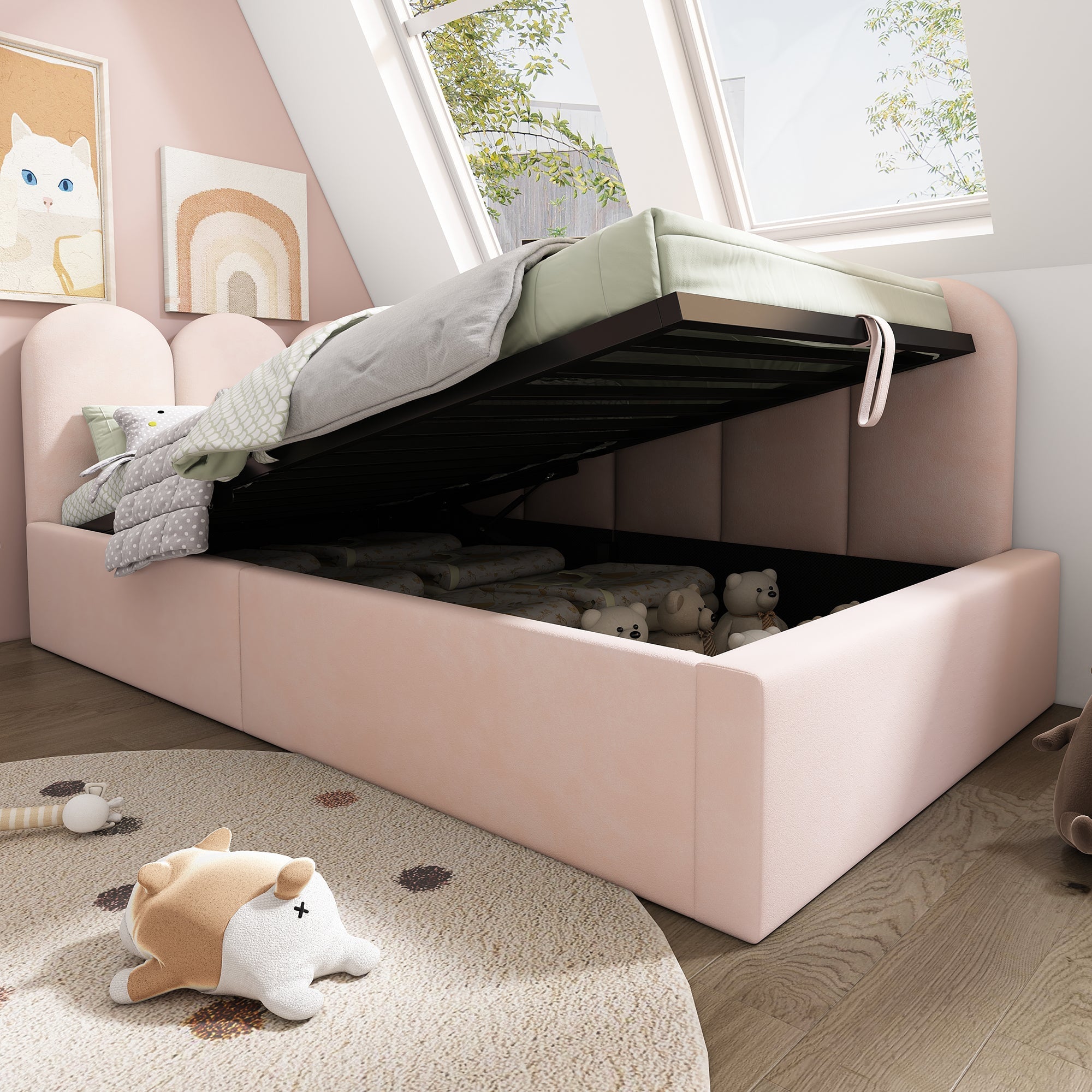 Upholstered Daybed, 90x200cm Sofa Bed with Hydraulic Storage, Velvet Pink