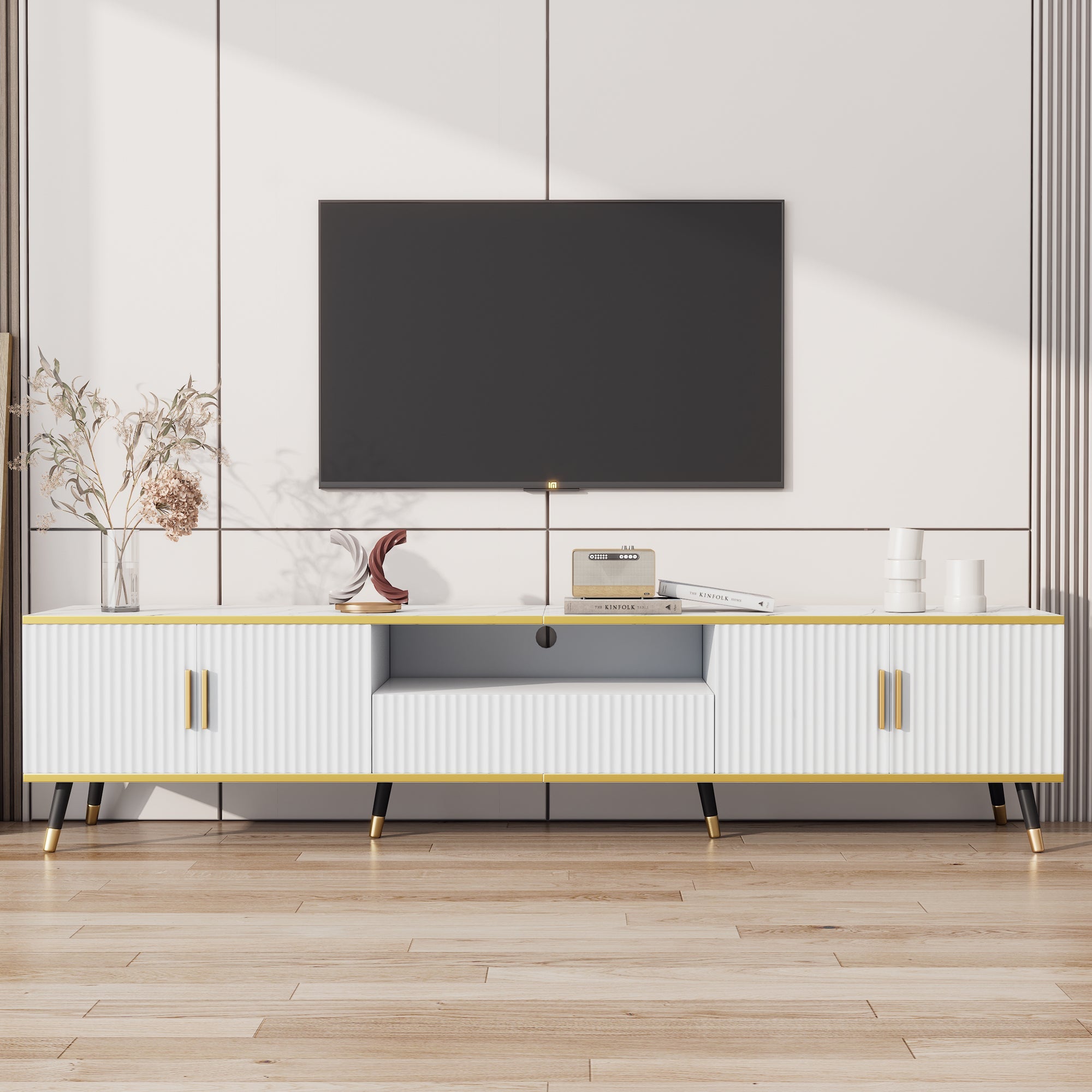 TV Cabinet, Modern Low with Marble Look, 200x40x46cm