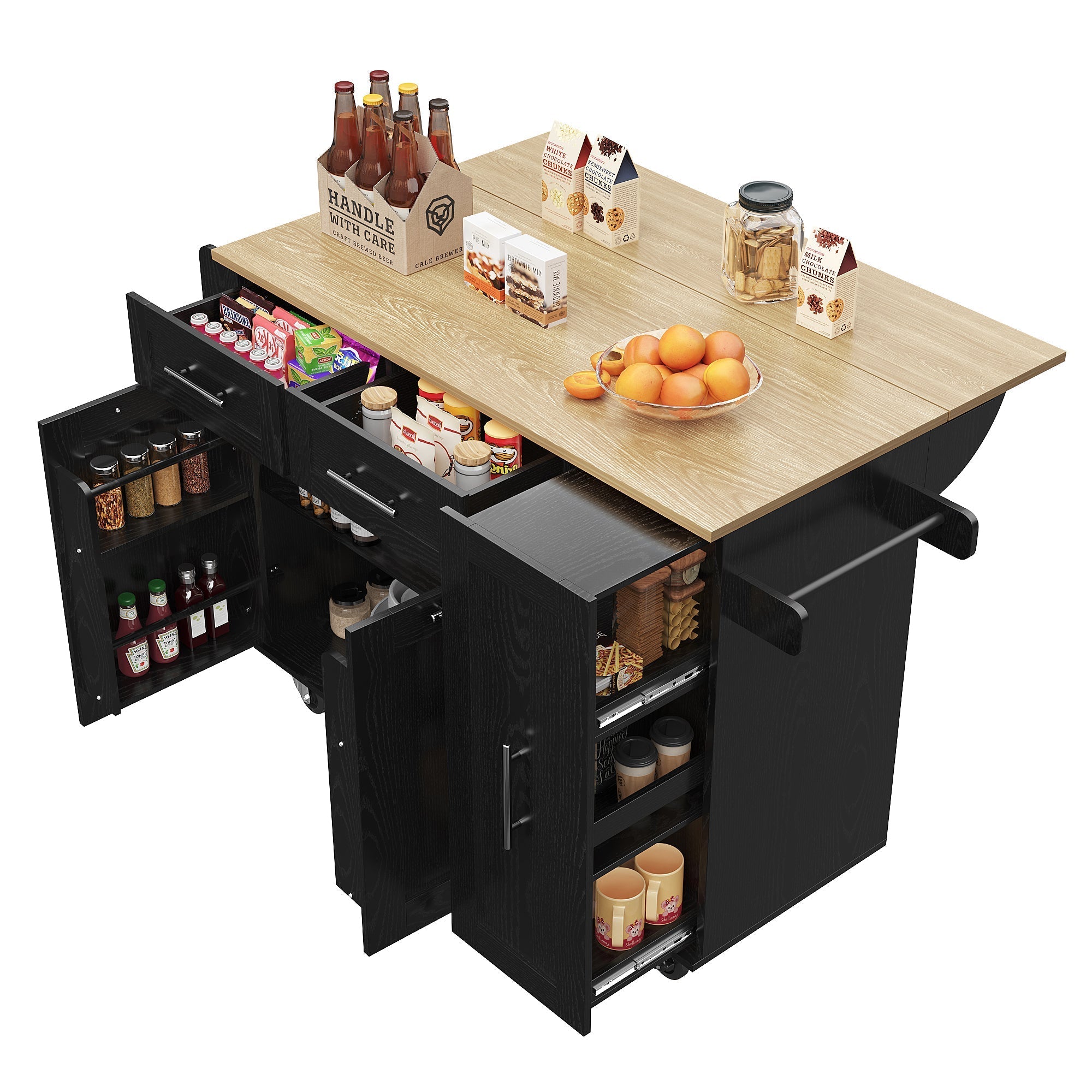 Modern Kitchen Island Buffet Cabinet Dining Table Storage Cart Wood Grain Black