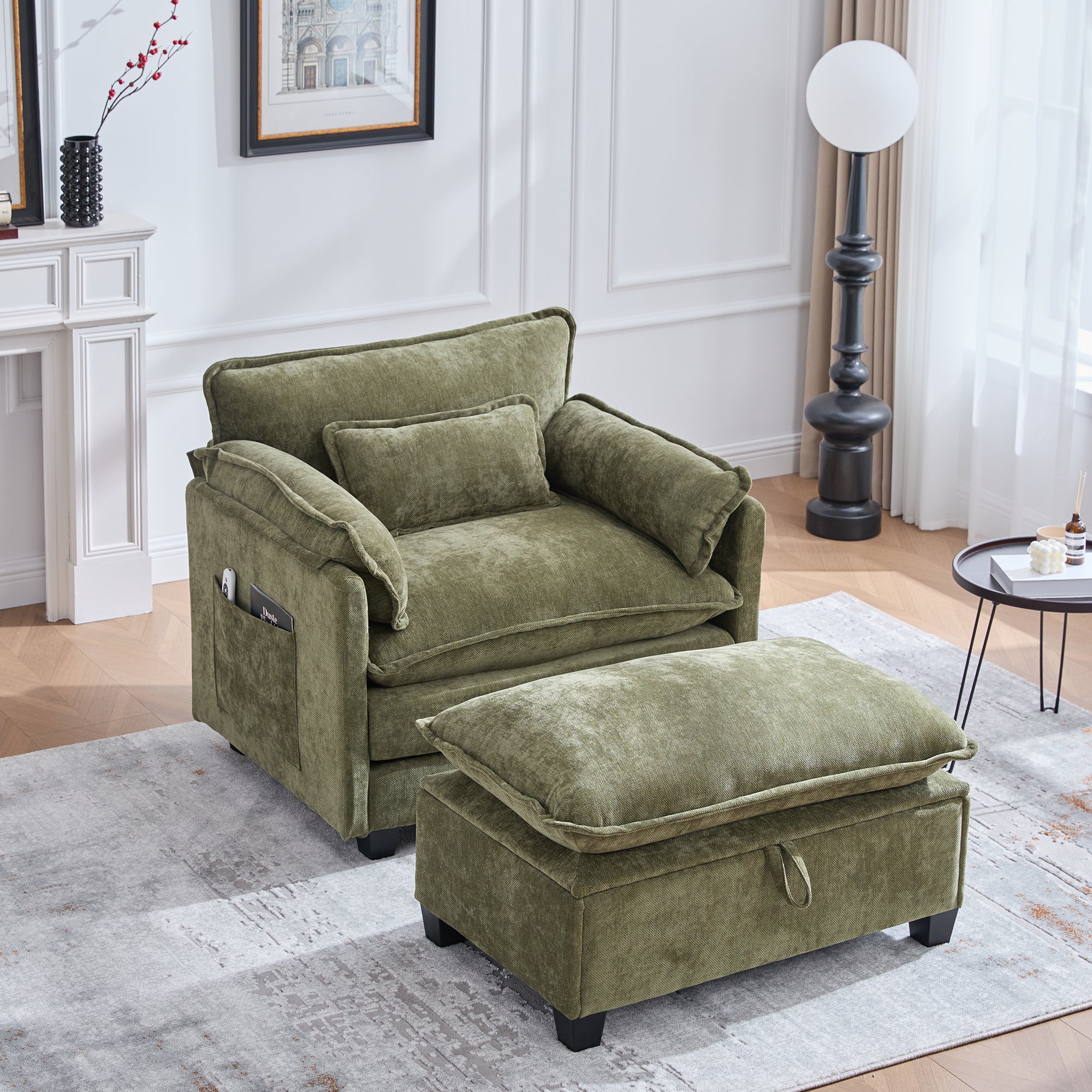 Armchair, Oversized with Footrest, Stool, Side Pockets, Cushions - Velvet