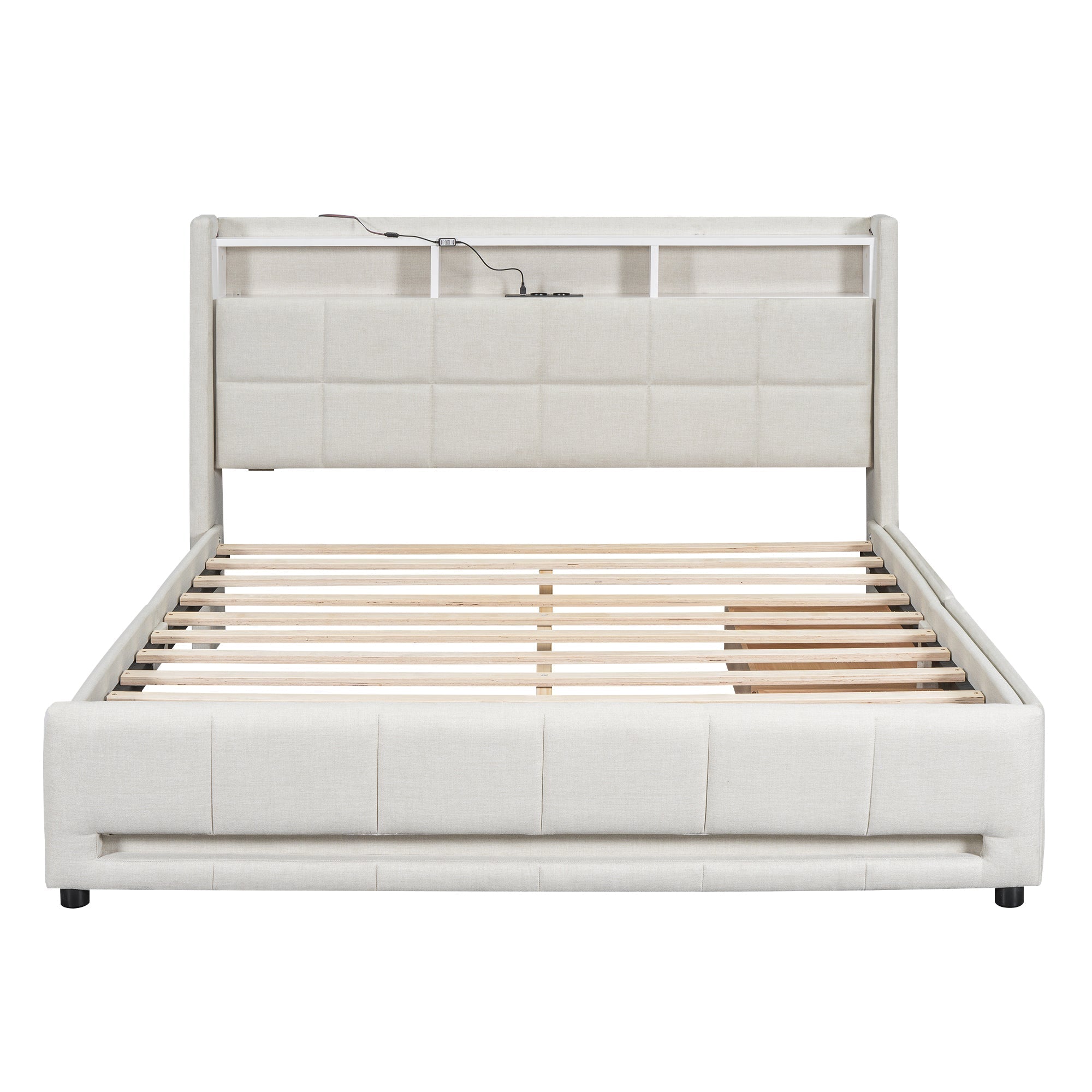 Upholstered Bed 160x200cm LED App Control Drawers USB Storage - Linen Beige