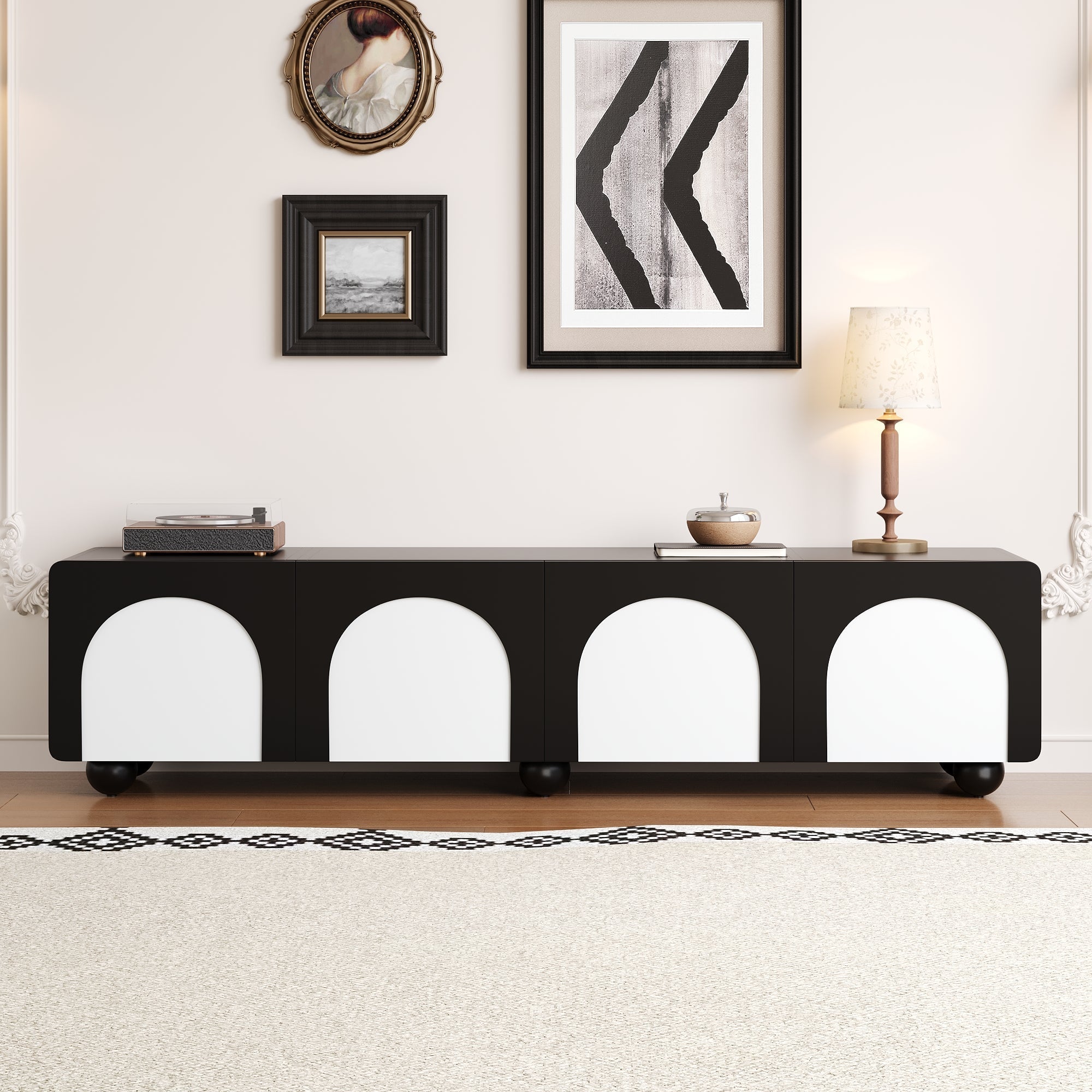 TV Cabinet Low 180cm 2 Drawers 2 Doors Black and White