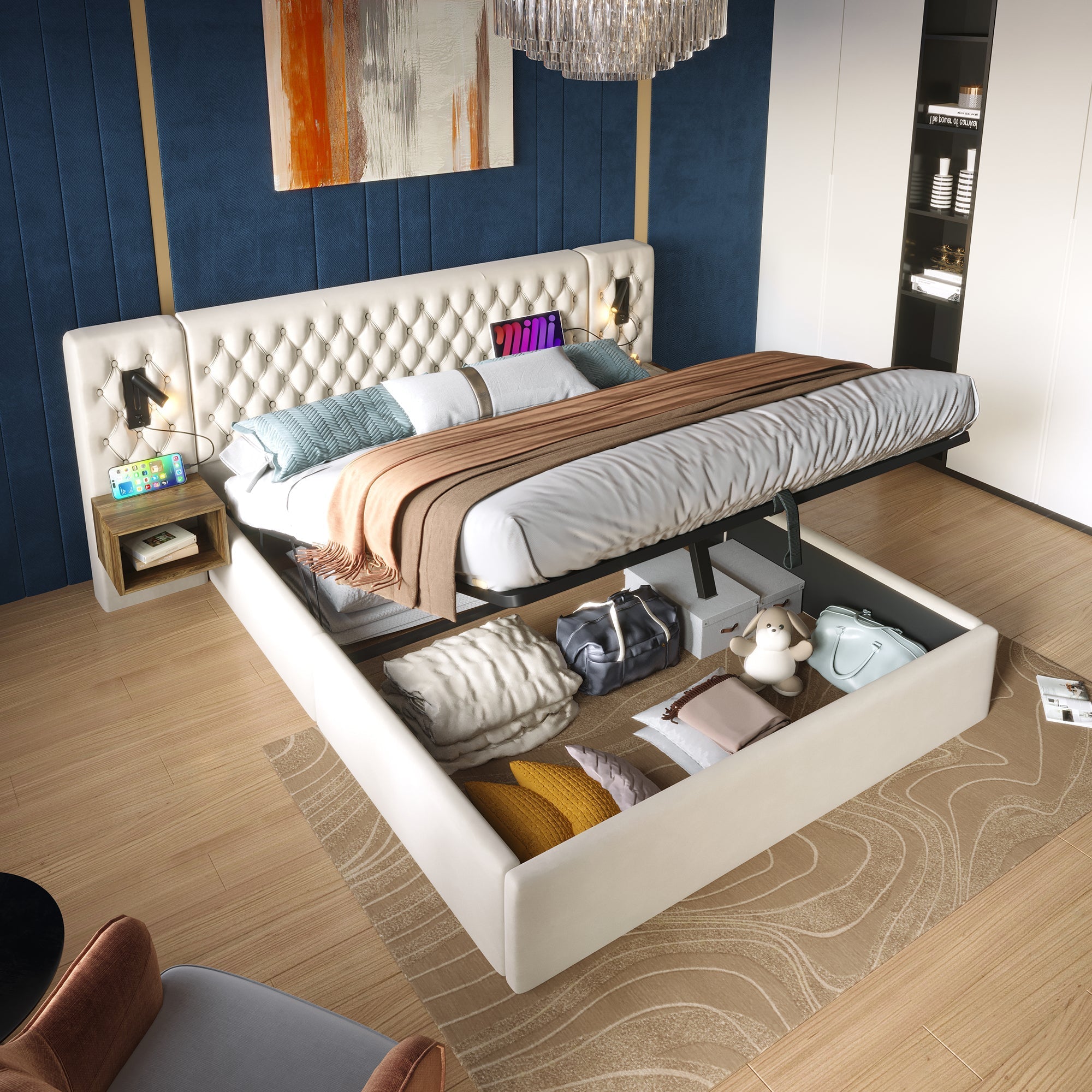 Complete Bedroom Bed Set, Upholstered Hydraulic Storage Double Bed 180x200cm with 2 Nightstands & USB Reading Light, Beige Velvet