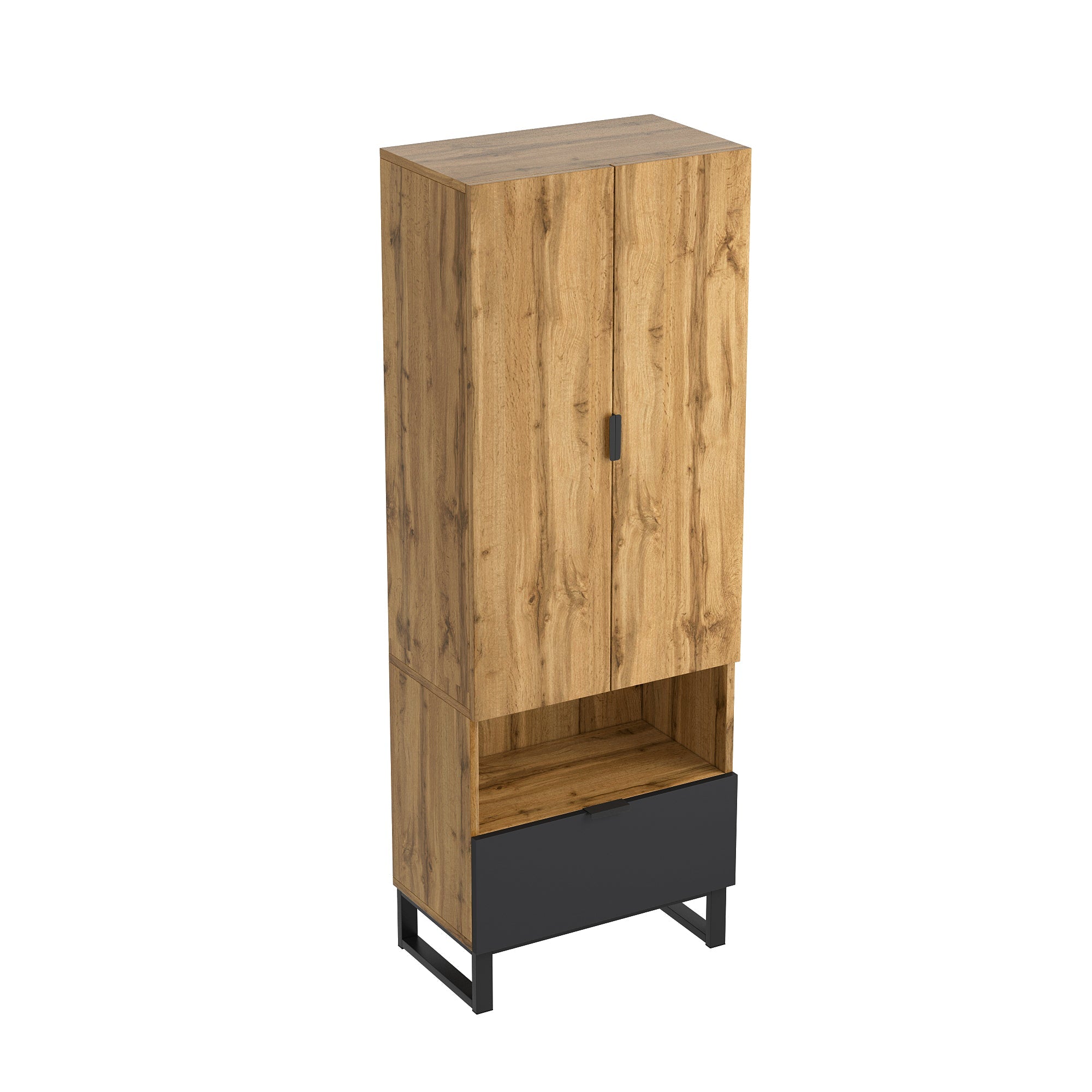 Wardrobe, 1 Drawer, Adjustable Shelves, Clothes Rail, Wood and Black