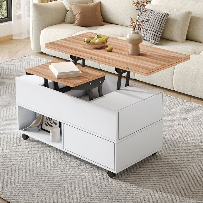 Coffee Table, 100x50x52cm Lift-Top with 4 Wheels & Drawers, White & Wood