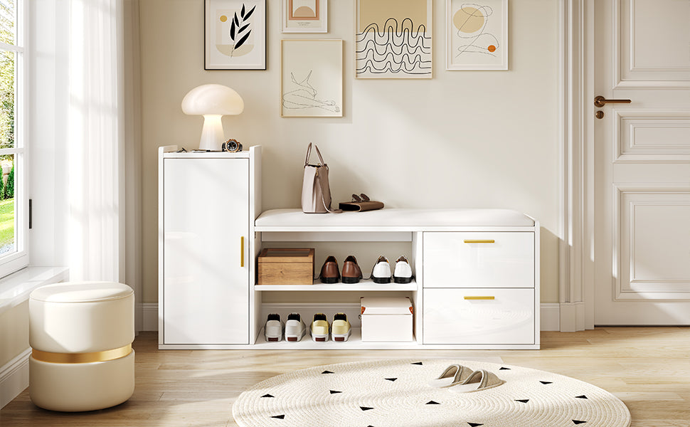 Shoe Cabinet 128x30x68cm with Bench, 2 Drawers, High-Gloss White